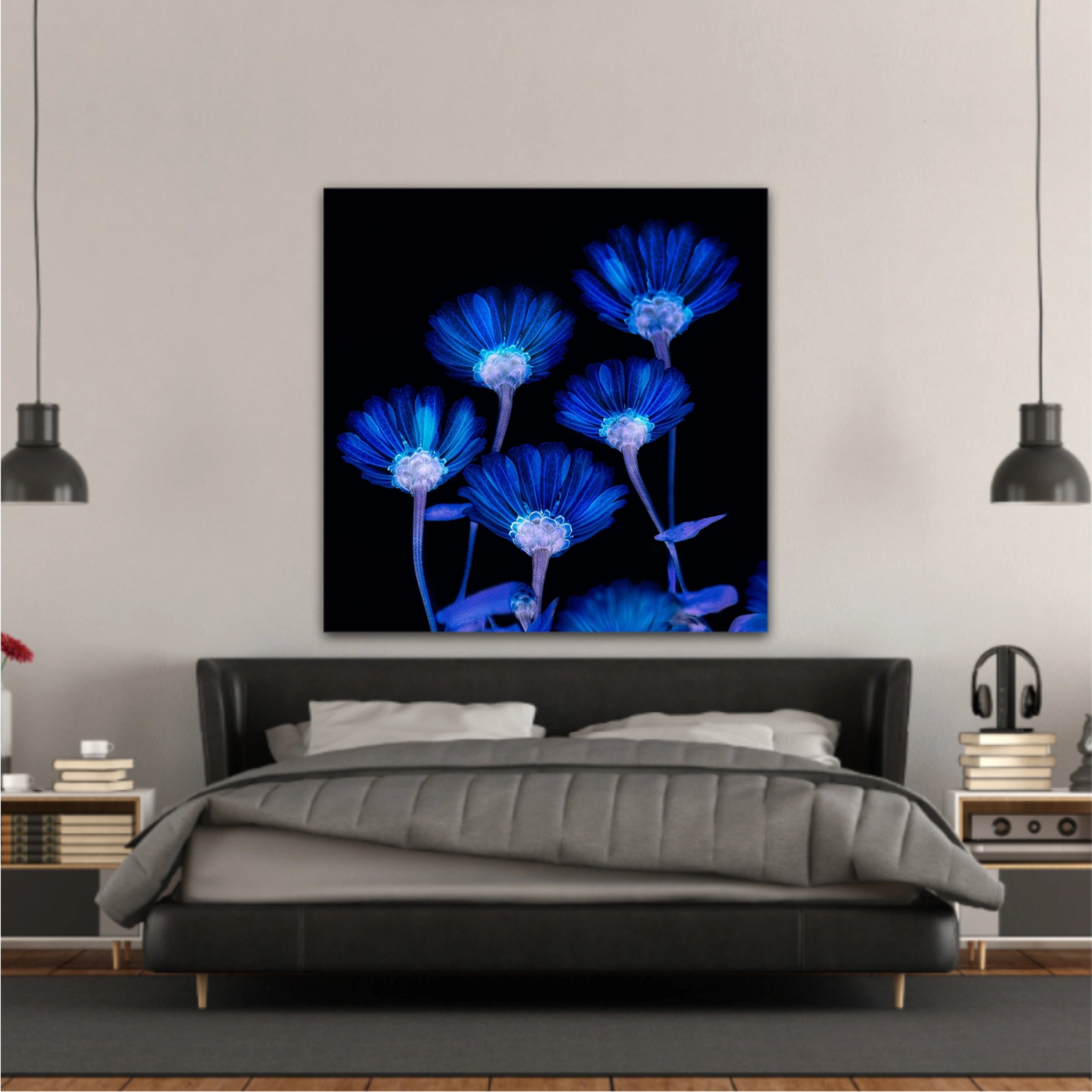 Flori albastre pe fundal negru  |  Blue flowers in Black Background