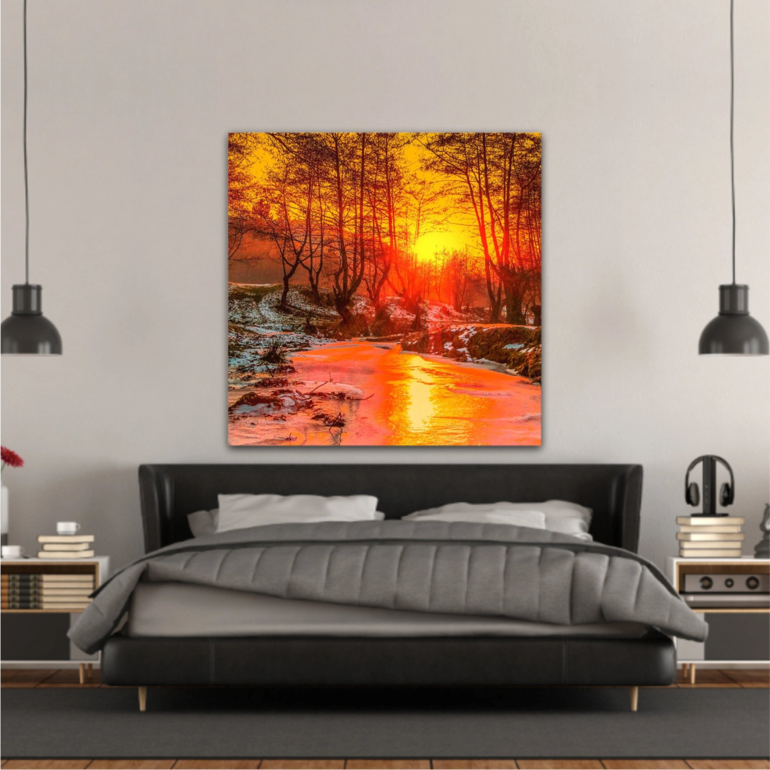 Cold sunset - Oil painting, digital illustration art work. Cindrel river, Cisnadioara village area, Sibiu county, Romania.