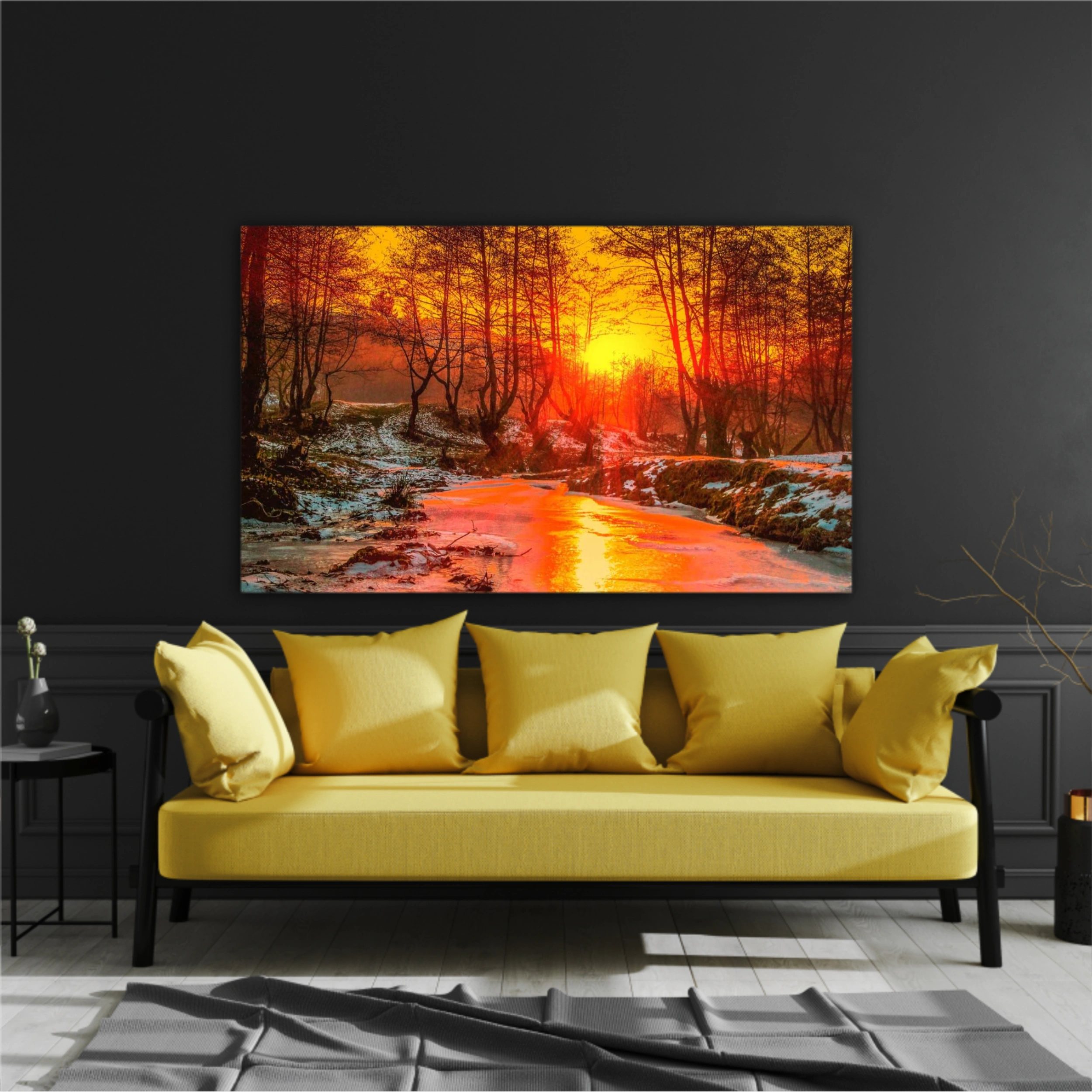 Cold sunset - Oil painting, digital illustration art work. Cindrel river, Cisnadioara village area, Sibiu county, Romania.