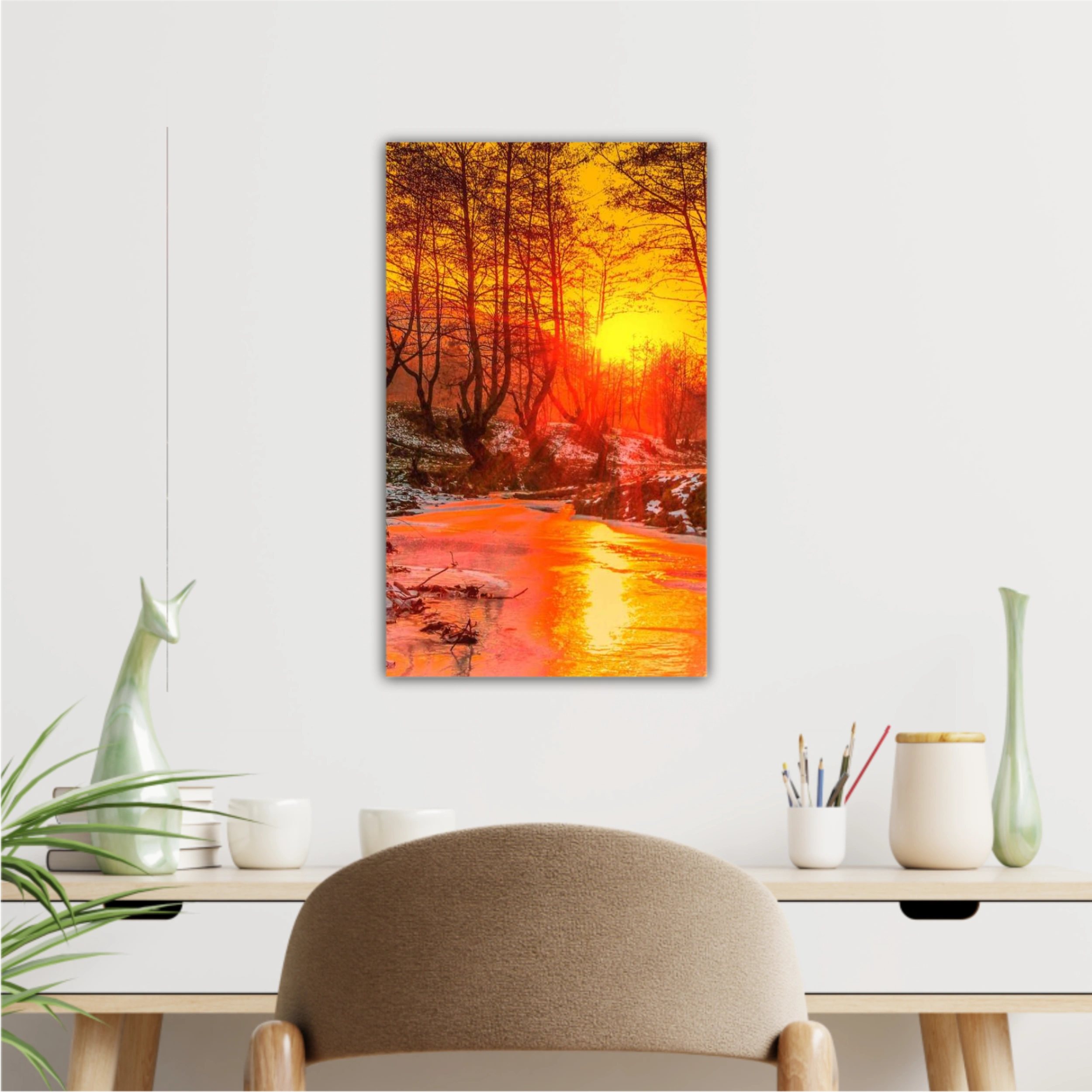 Cold sunset - Oil painting, digital illustration art work. Cindrel river, Cisnadioara village area, Sibiu county, Romania.