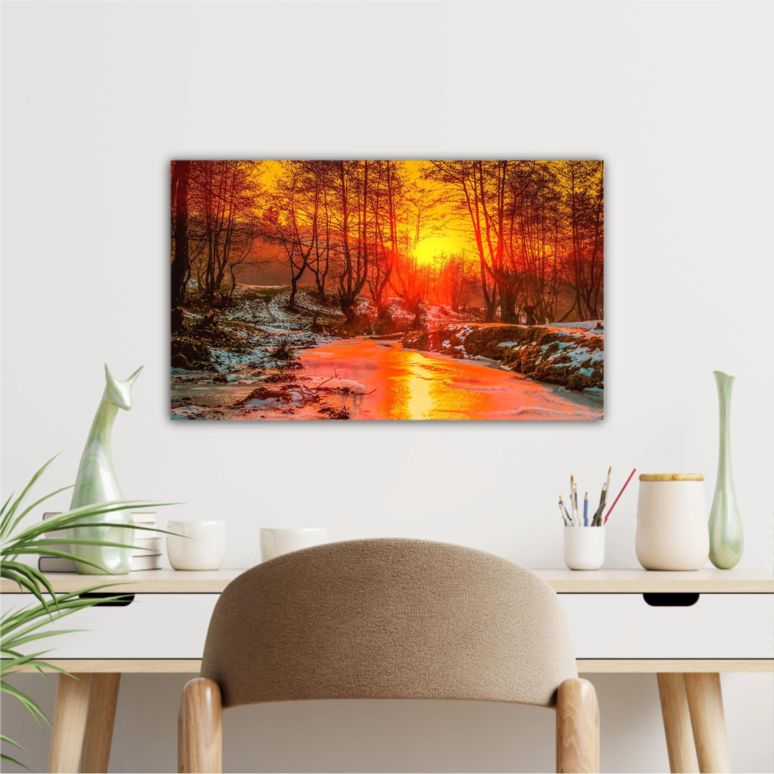 Cold sunset - Oil painting, digital illustration art work. Cindrel river, Cisnadioara village area, Sibiu county, Romania.