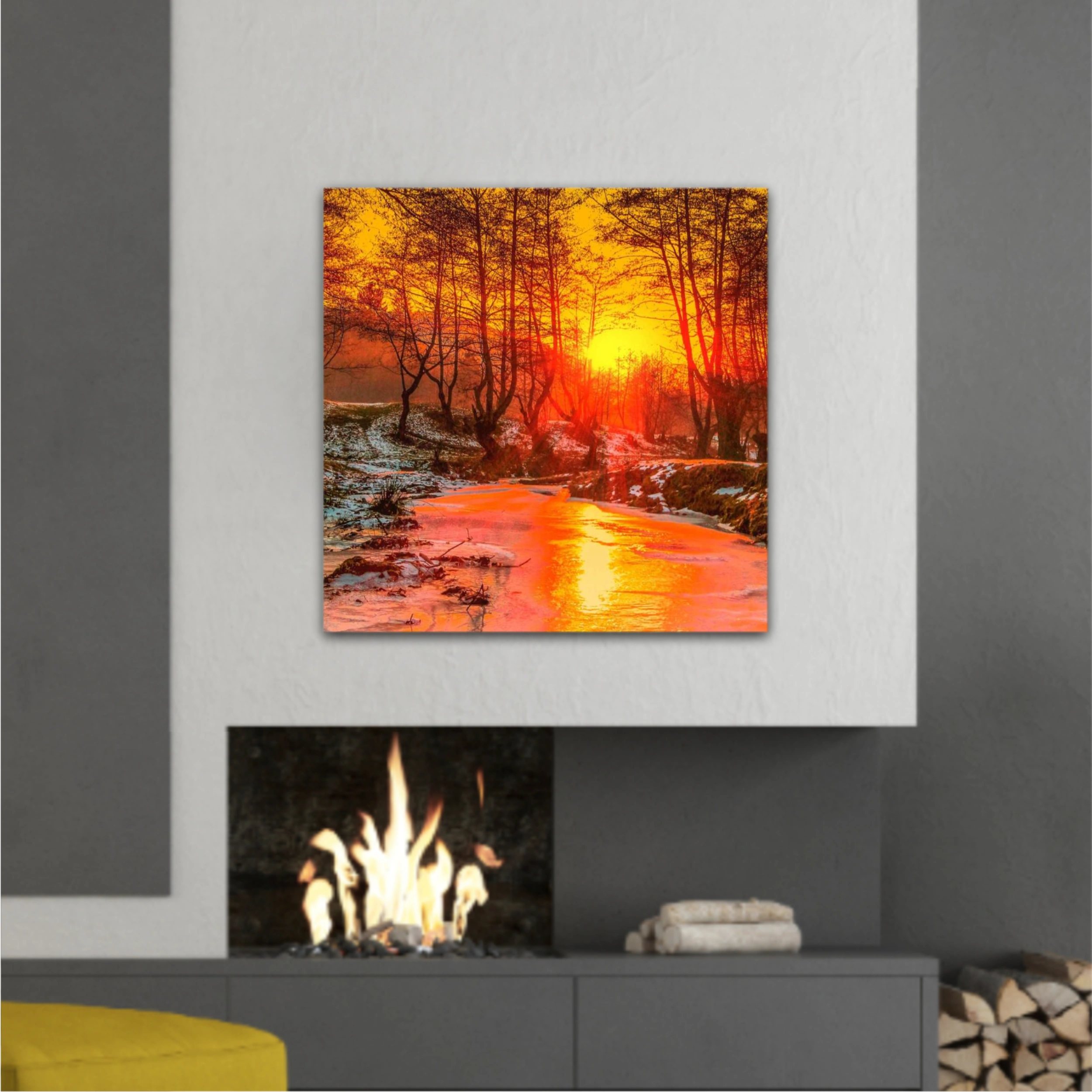 Cold sunset - Oil painting, digital illustration art work. Cindrel river, Cisnadioara village area, Sibiu county, Romania.