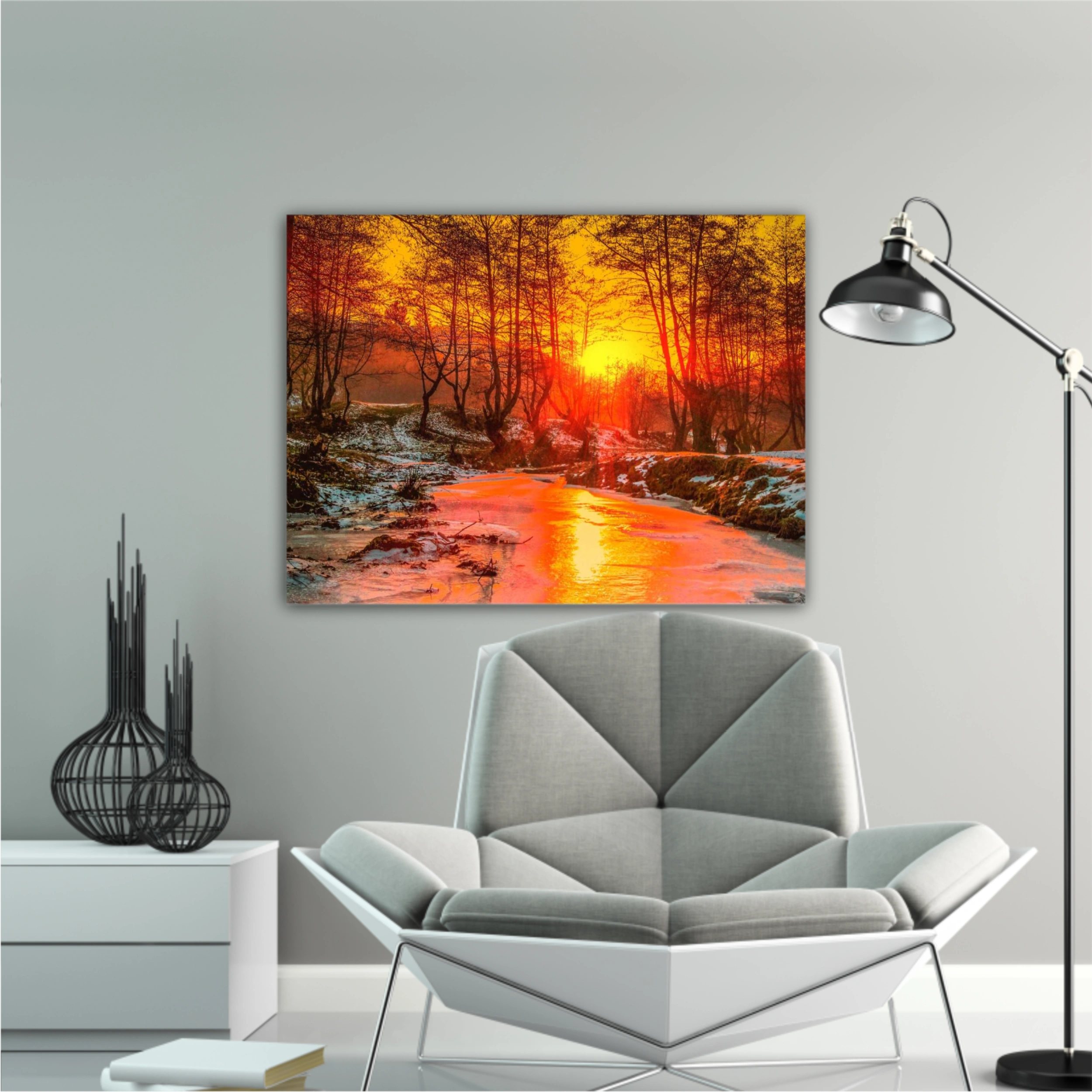 Cold sunset - Oil painting, digital illustration art work. Cindrel river, Cisnadioara village area, Sibiu county, Romania.