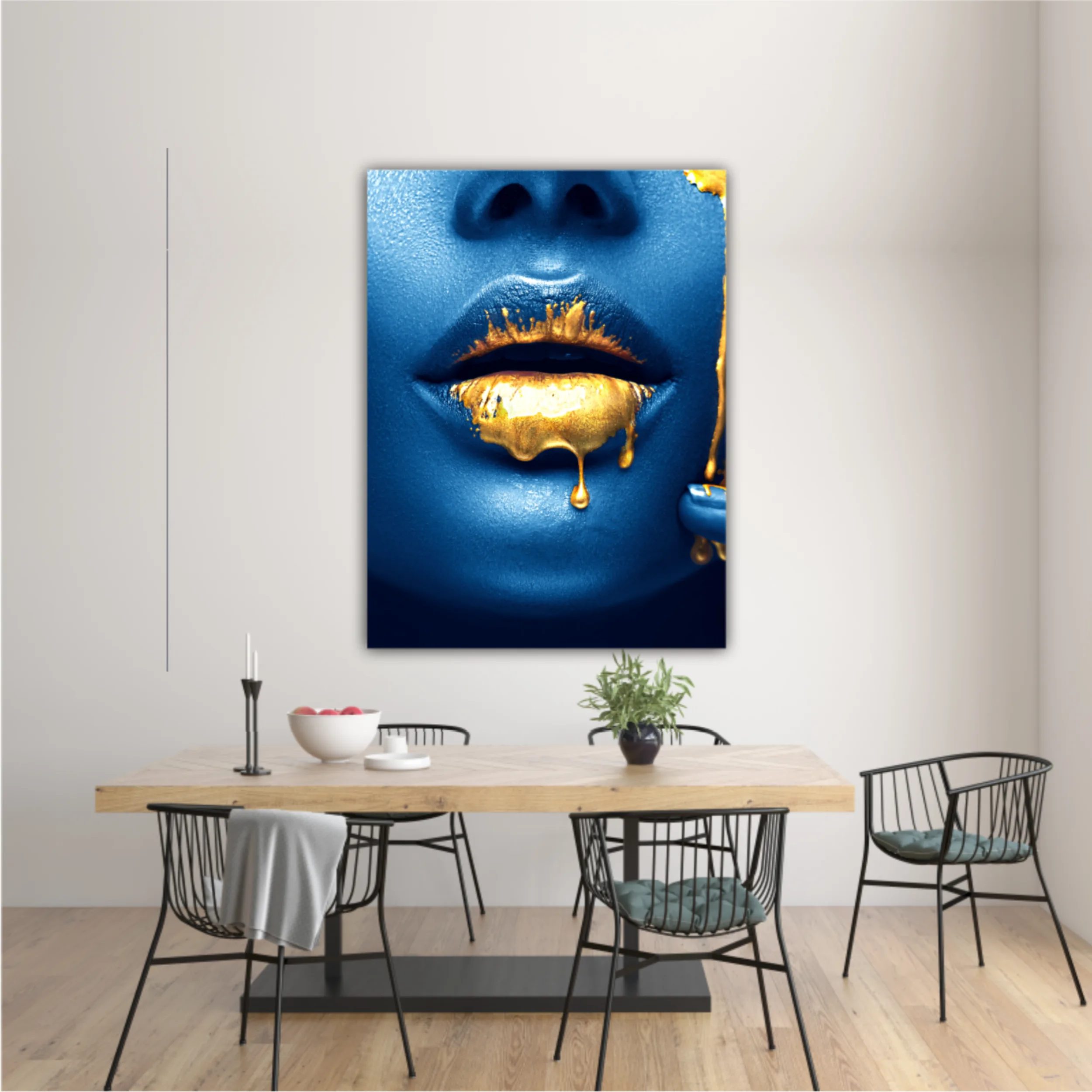 Lipgloss dripping from sexy lips, golden liquid drops on beautiful model girl mouth, gold metallic skin make-up. Beauty woman makeup close up