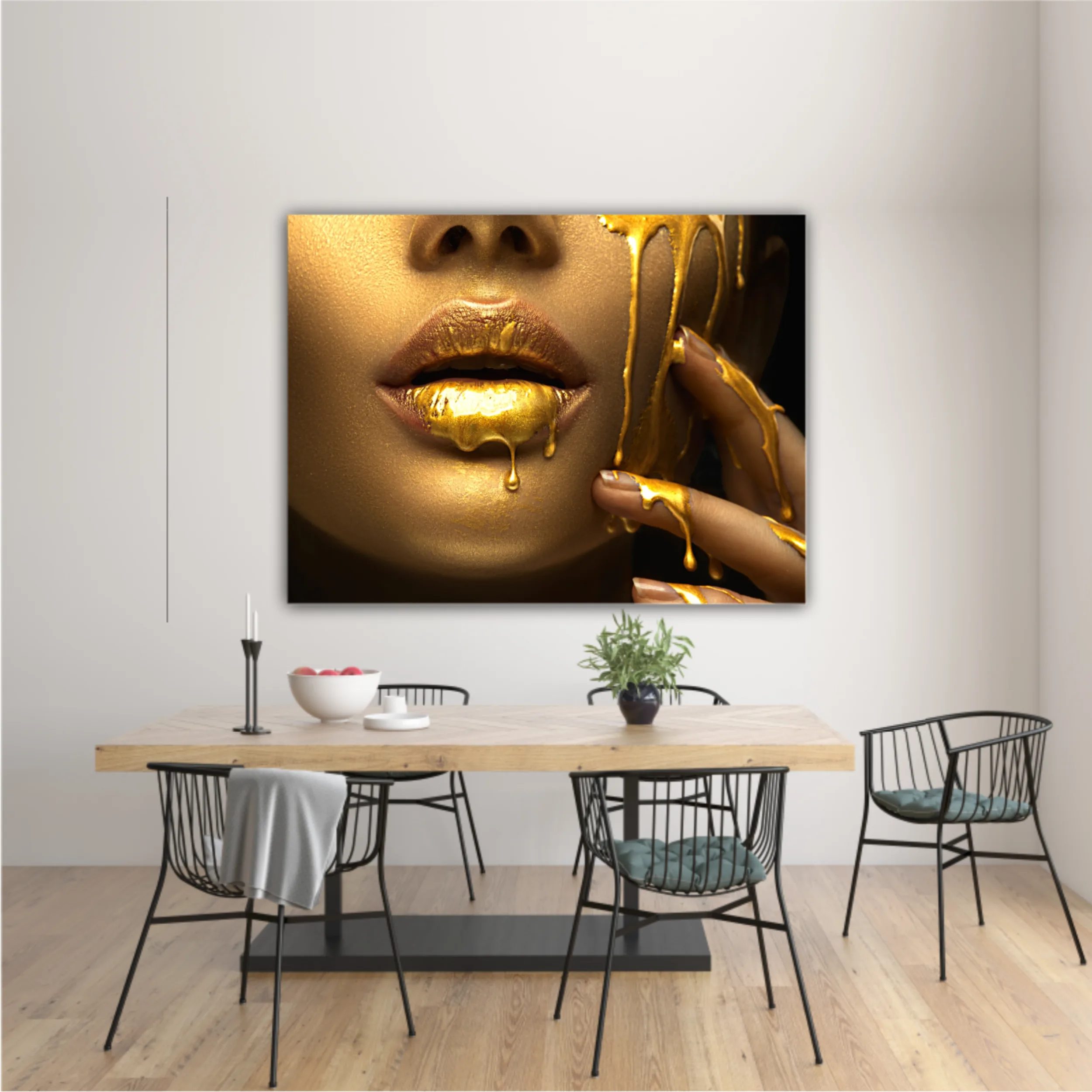 Lipgloss dripping from sexy lips, golden liquid drops on beautiful model girls mouth, gold metallic skin make-up. Beauty woman makeup close up