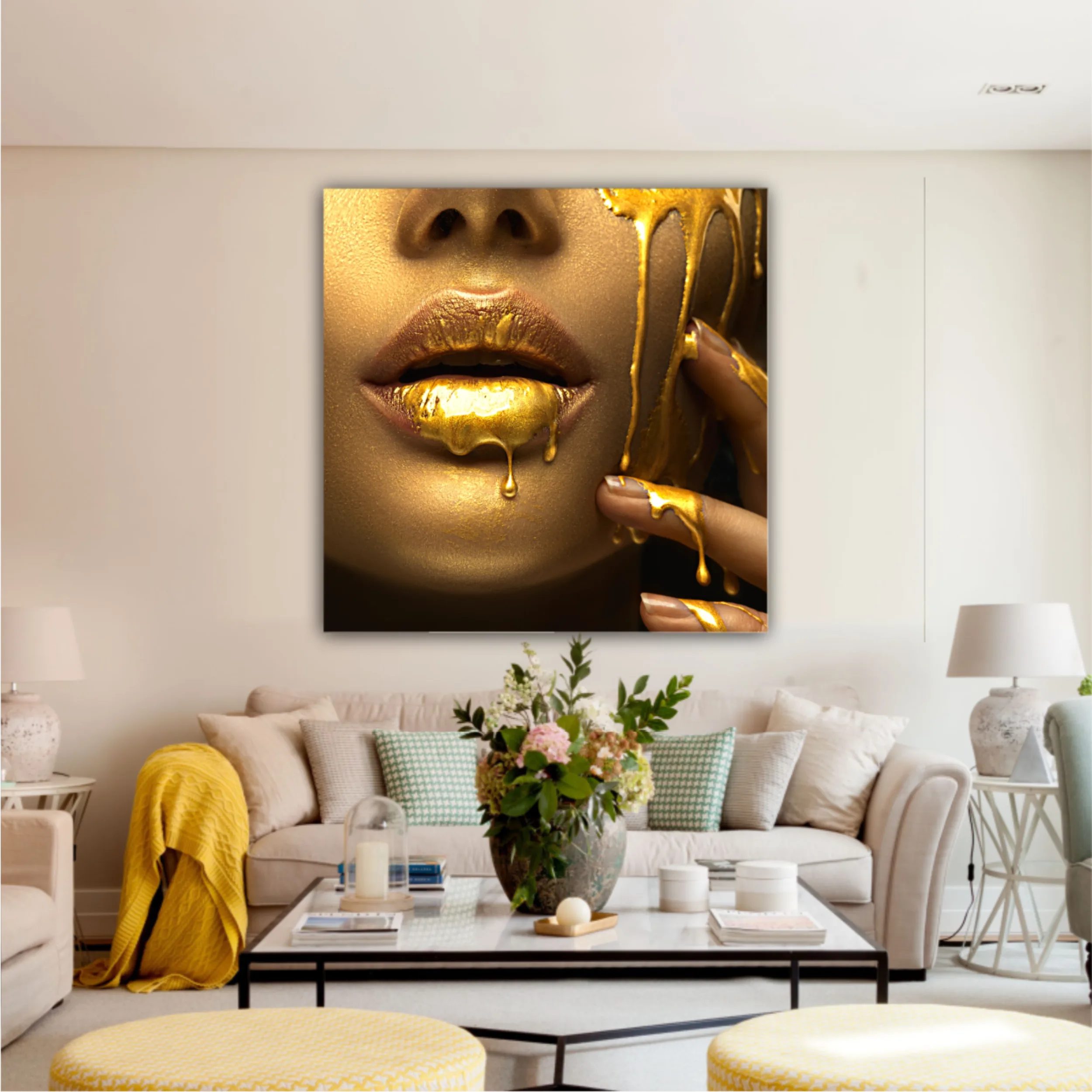 Lipgloss dripping from sexy lips, golden liquid drops on beautiful model girls mouth, gold metallic skin make-up. Beauty woman makeup close up