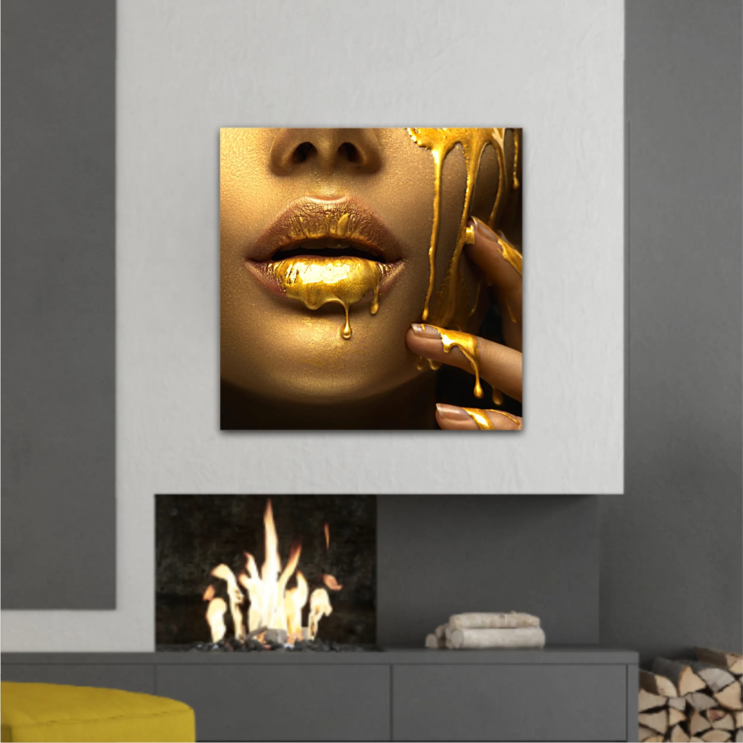 Lipgloss dripping from sexy lips, golden liquid drops on beautiful model girls mouth, gold metallic skin make-up. Beauty woman makeup close up