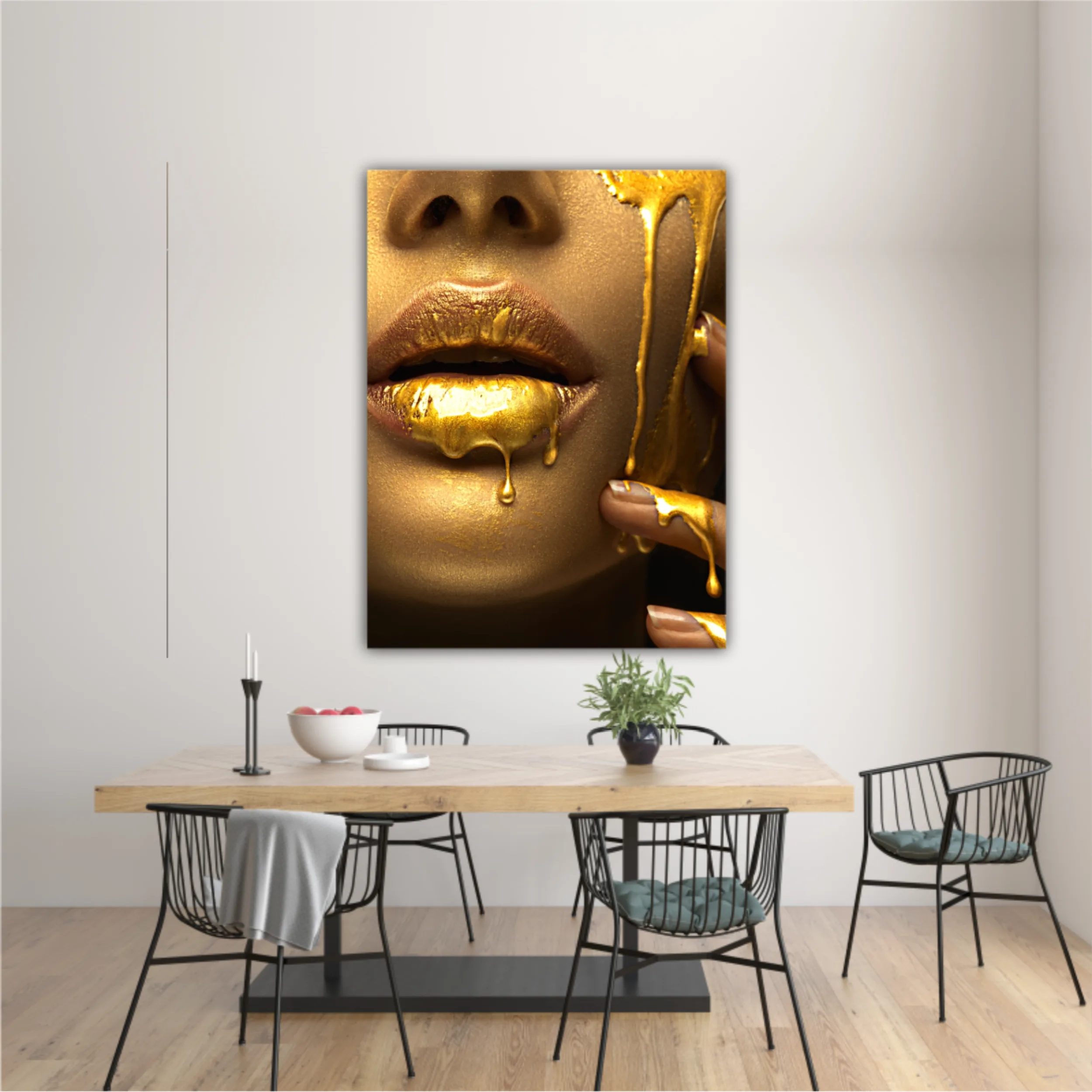 Lipgloss dripping from sexy lips, golden liquid drops on beautiful model girls mouth, gold metallic skin make-up. Beauty woman makeup close up