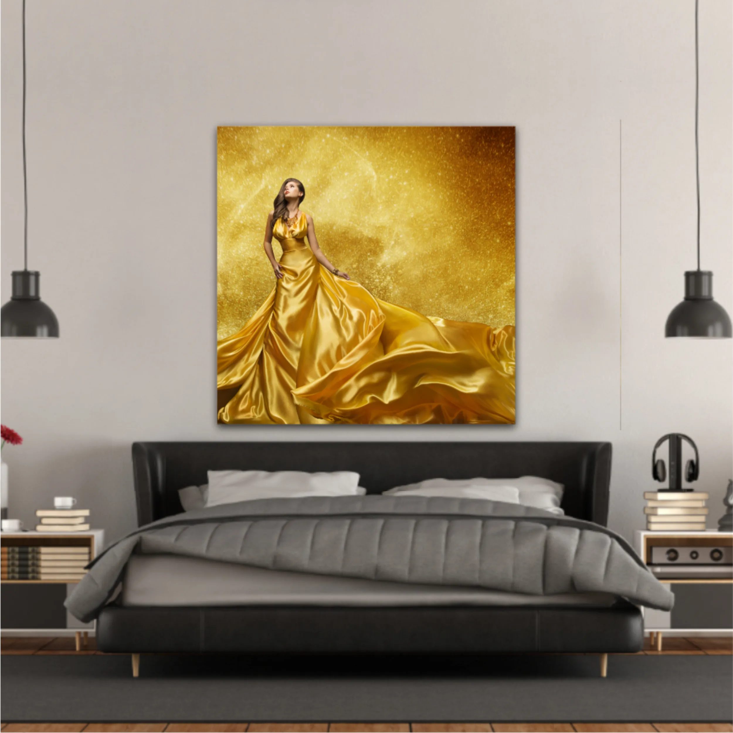 Gold Fashion Model Dress, Woman In Golden Silk Gown Flowing Fabric. Beautiful Girl on Stars Sky looking up