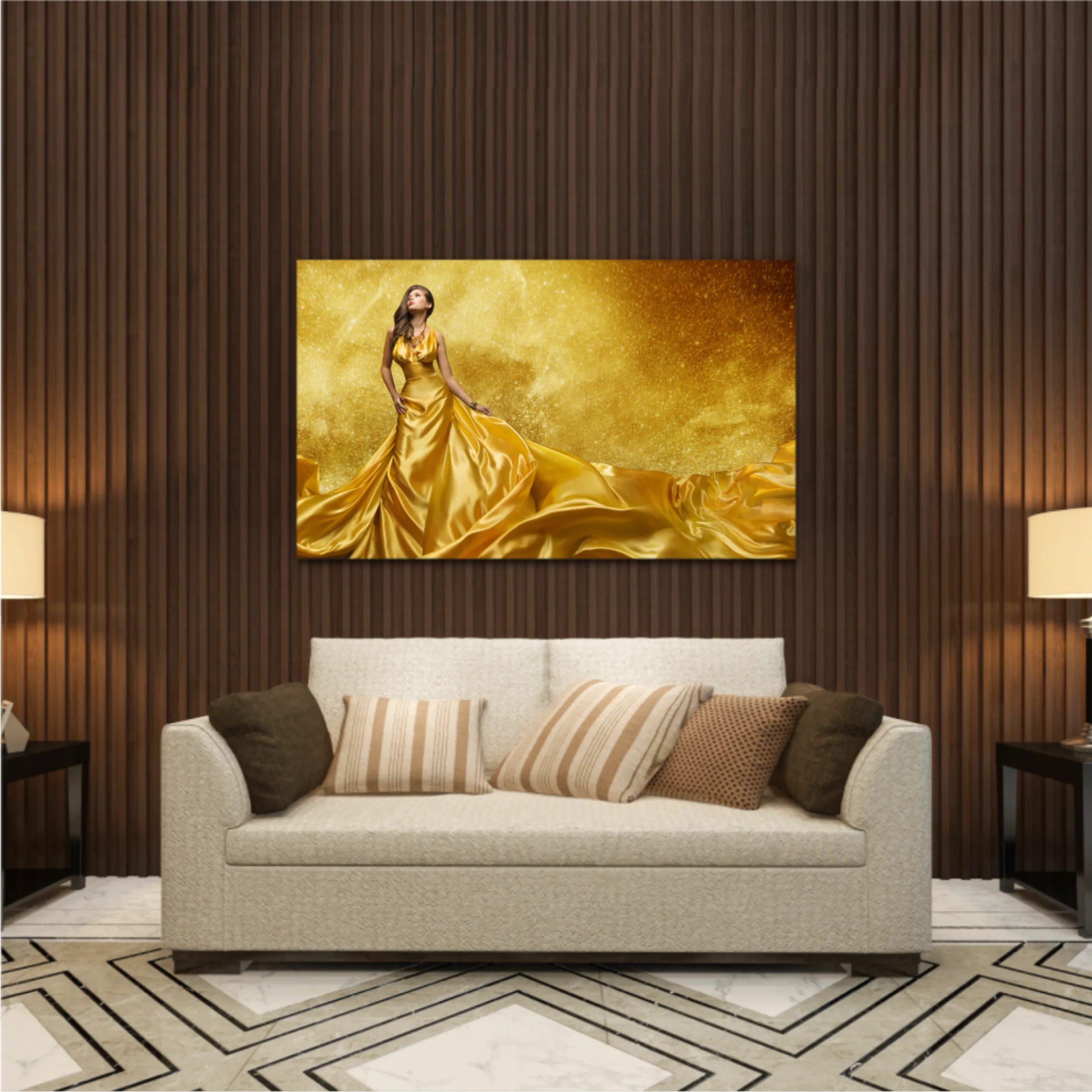 Gold Fashion Model Dress, Woman In Golden Silk Gown Flowing Fabric. Beautiful Girl on Stars Sky looking up