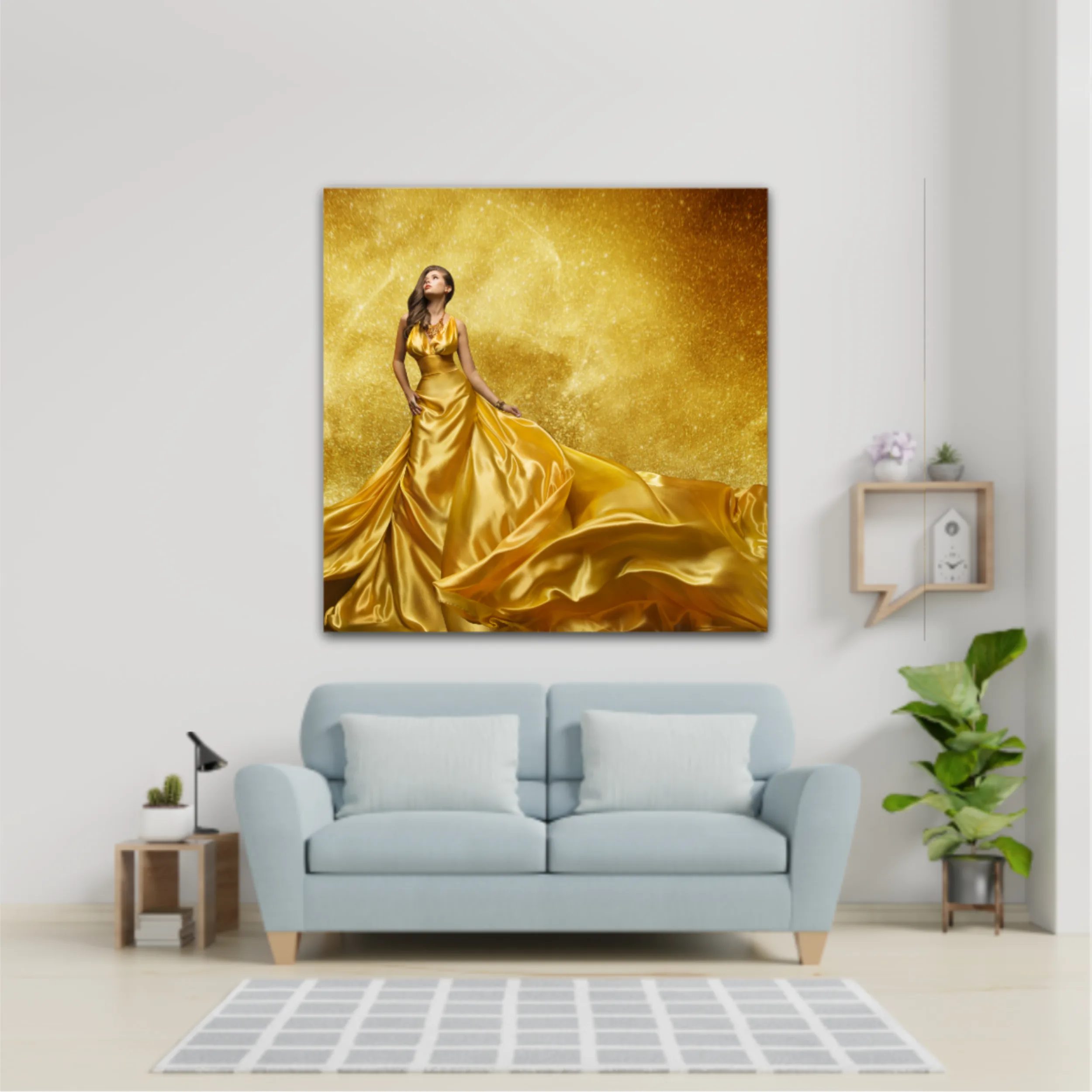 Gold Fashion Model Dress, Woman In Golden Silk Gown Flowing Fabric. Beautiful Girl on Stars Sky looking up