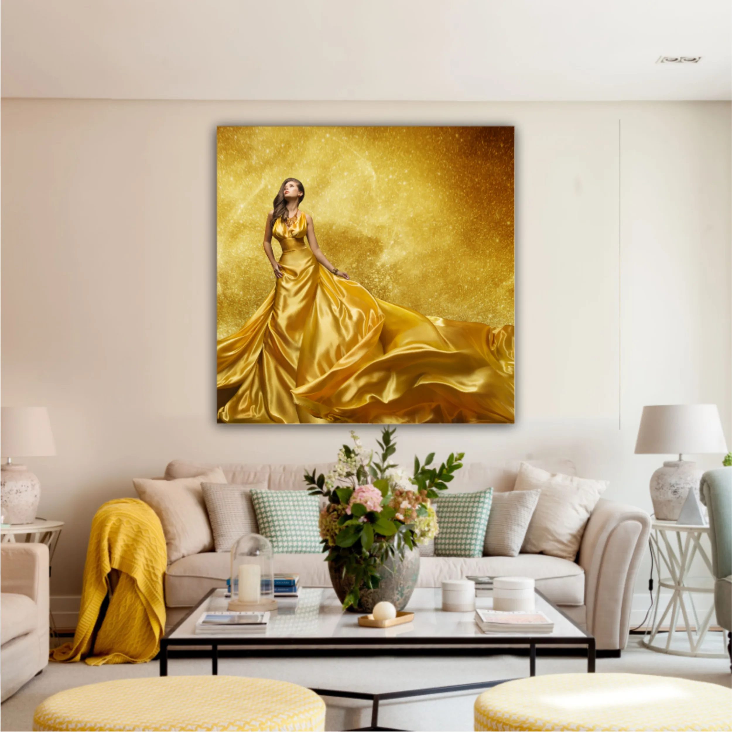 Gold Fashion Model Dress, Woman In Golden Silk Gown Flowing Fabric. Beautiful Girl on Stars Sky looking up