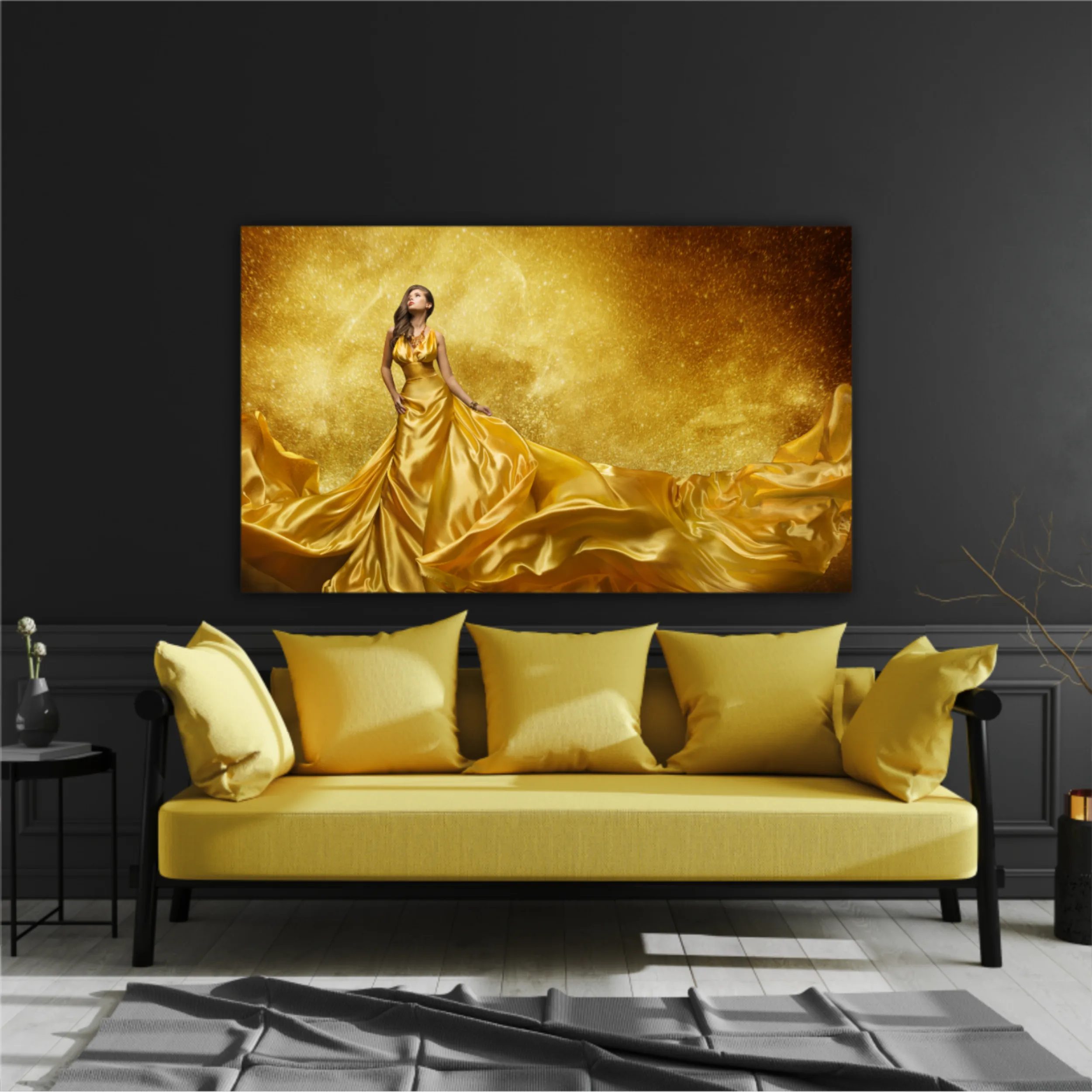 Gold Fashion Model Dress, Woman In Golden Silk Gown Flowing Fabric. Beautiful Girl on Stars Sky looking up