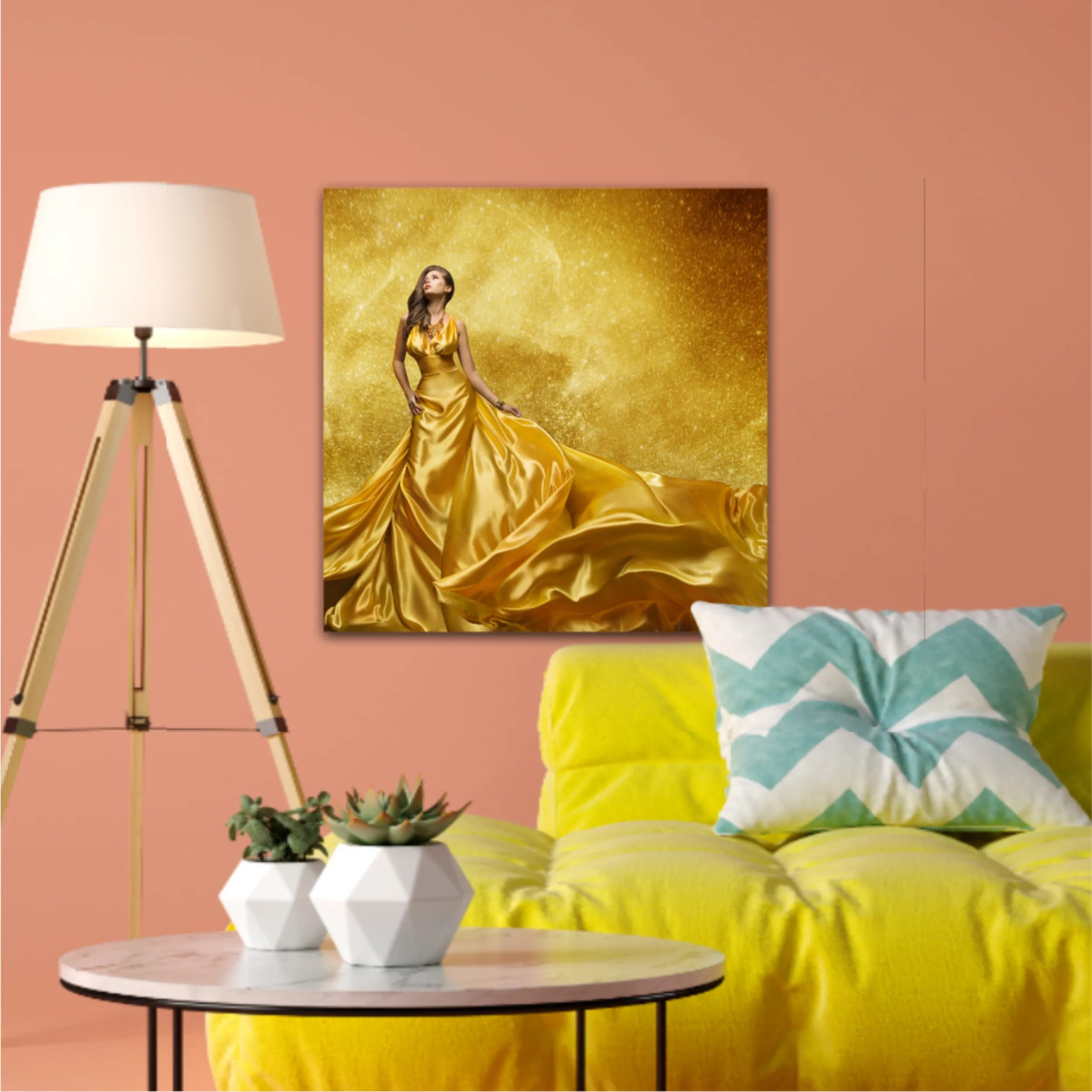 Gold Fashion Model Dress, Woman In Golden Silk Gown Flowing Fabric. Beautiful Girl on Stars Sky looking up