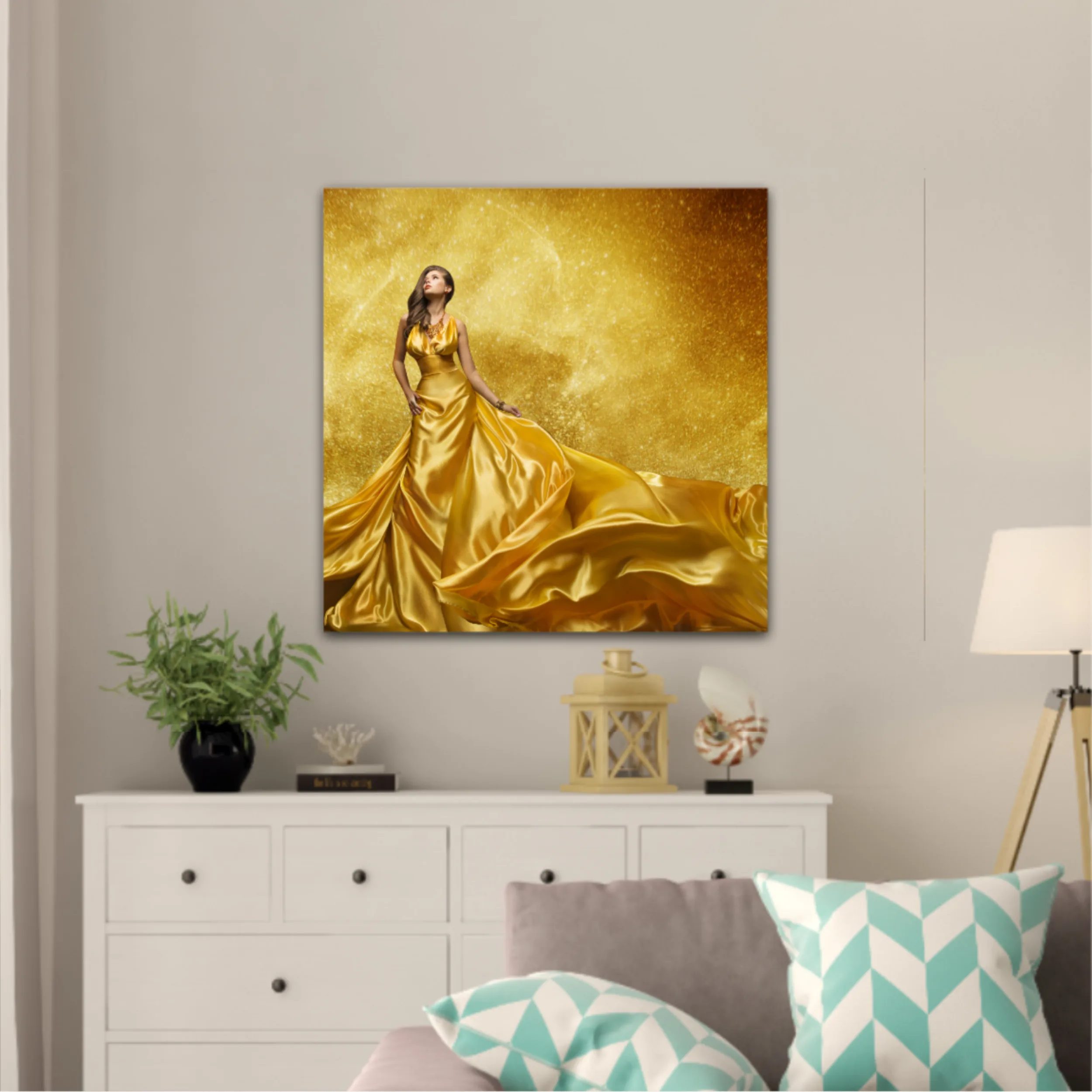 Gold Fashion Model Dress, Woman In Golden Silk Gown Flowing Fabric. Beautiful Girl on Stars Sky looking up