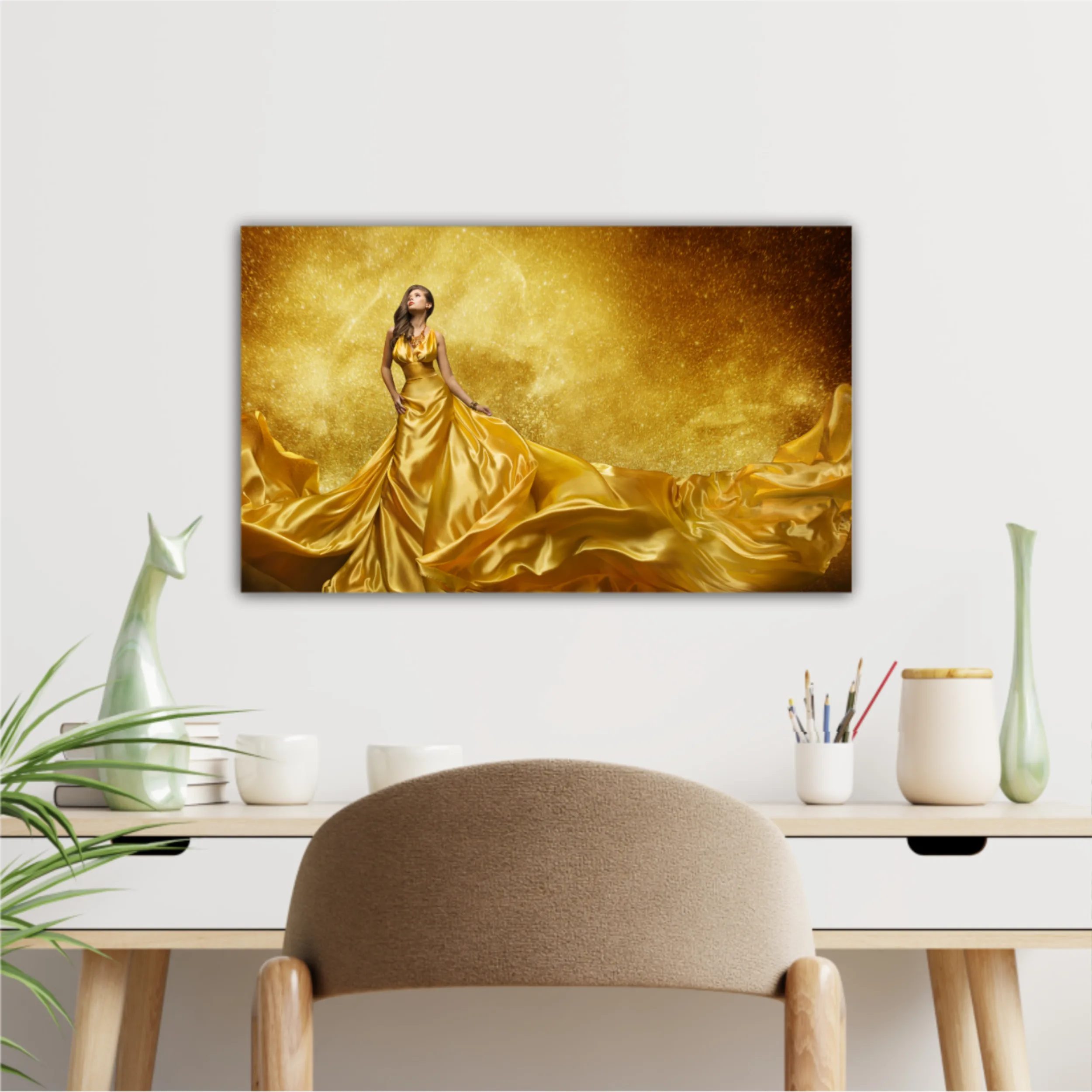 Gold Fashion Model Dress, Woman In Golden Silk Gown Flowing Fabric. Beautiful Girl on Stars Sky looking up