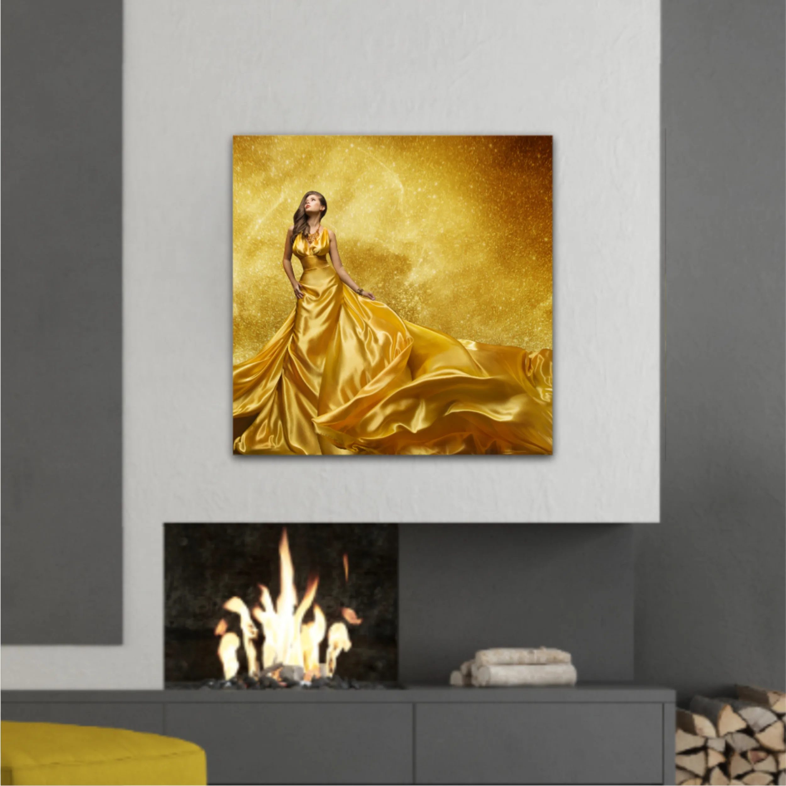 Gold Fashion Model Dress, Woman In Golden Silk Gown Flowing Fabric. Beautiful Girl on Stars Sky looking up