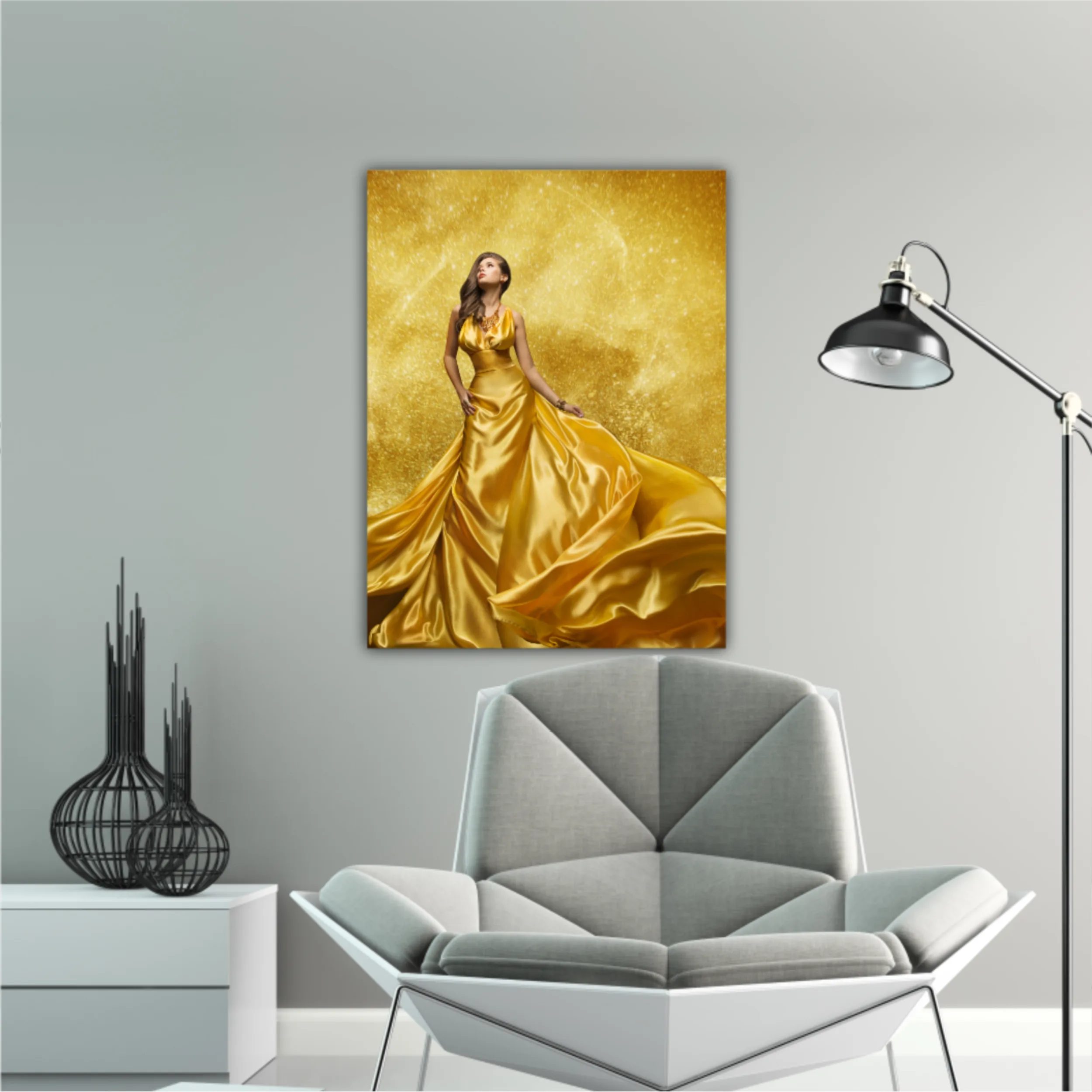 Gold Fashion Model Dress, Woman In Golden Silk Gown Flowing Fabric. Beautiful Girl on Stars Sky looking up