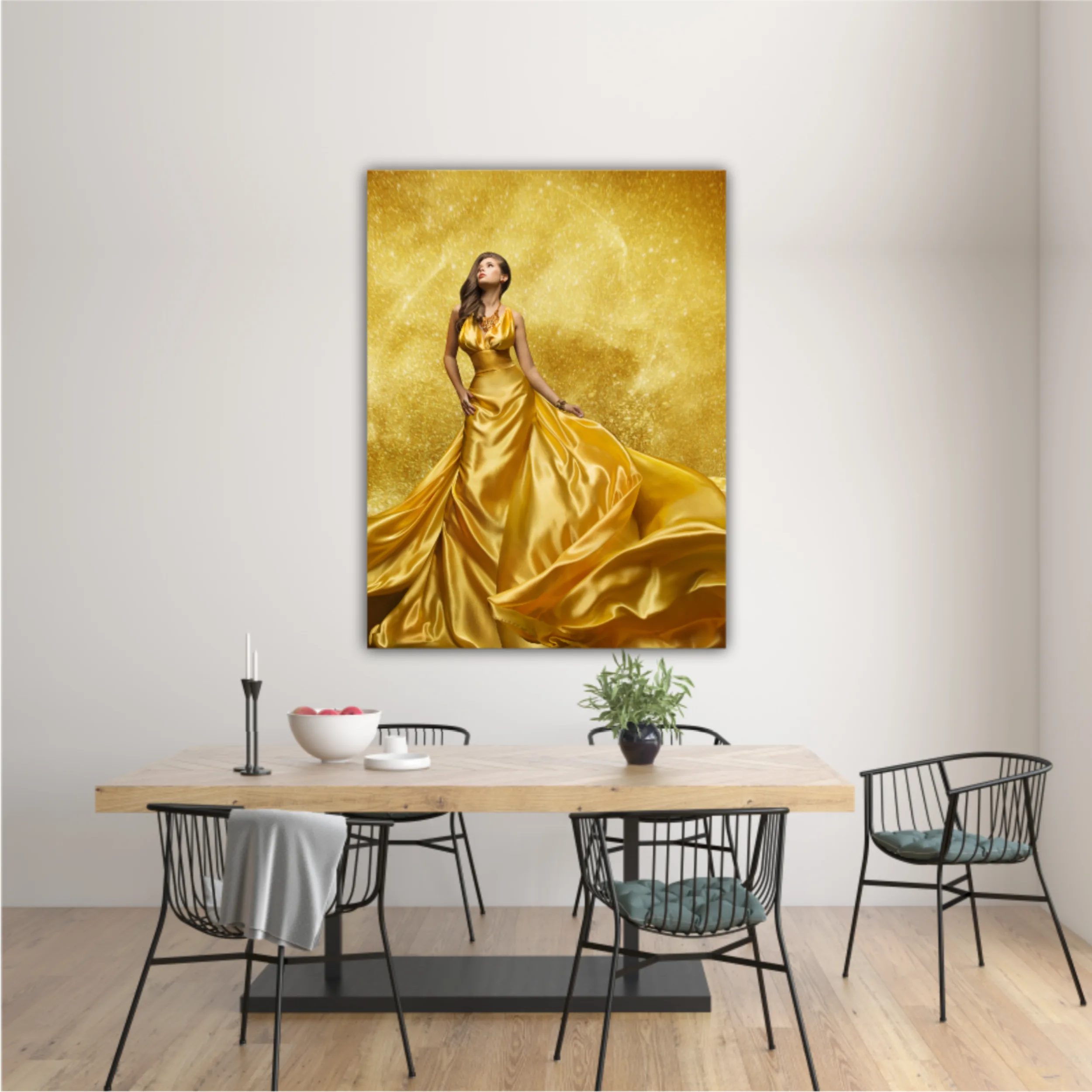 Gold Fashion Model Dress, Woman In Golden Silk Gown Flowing Fabric. Beautiful Girl on Stars Sky looking up