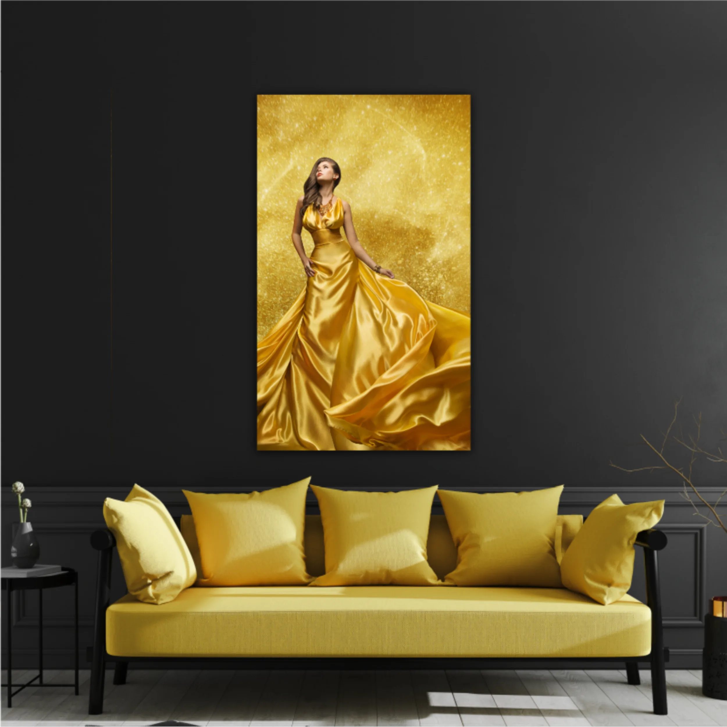 Gold Fashion Model Dress, Woman In Golden Silk Gown Flowing Fabric. Beautiful Girl on Stars Sky looking up