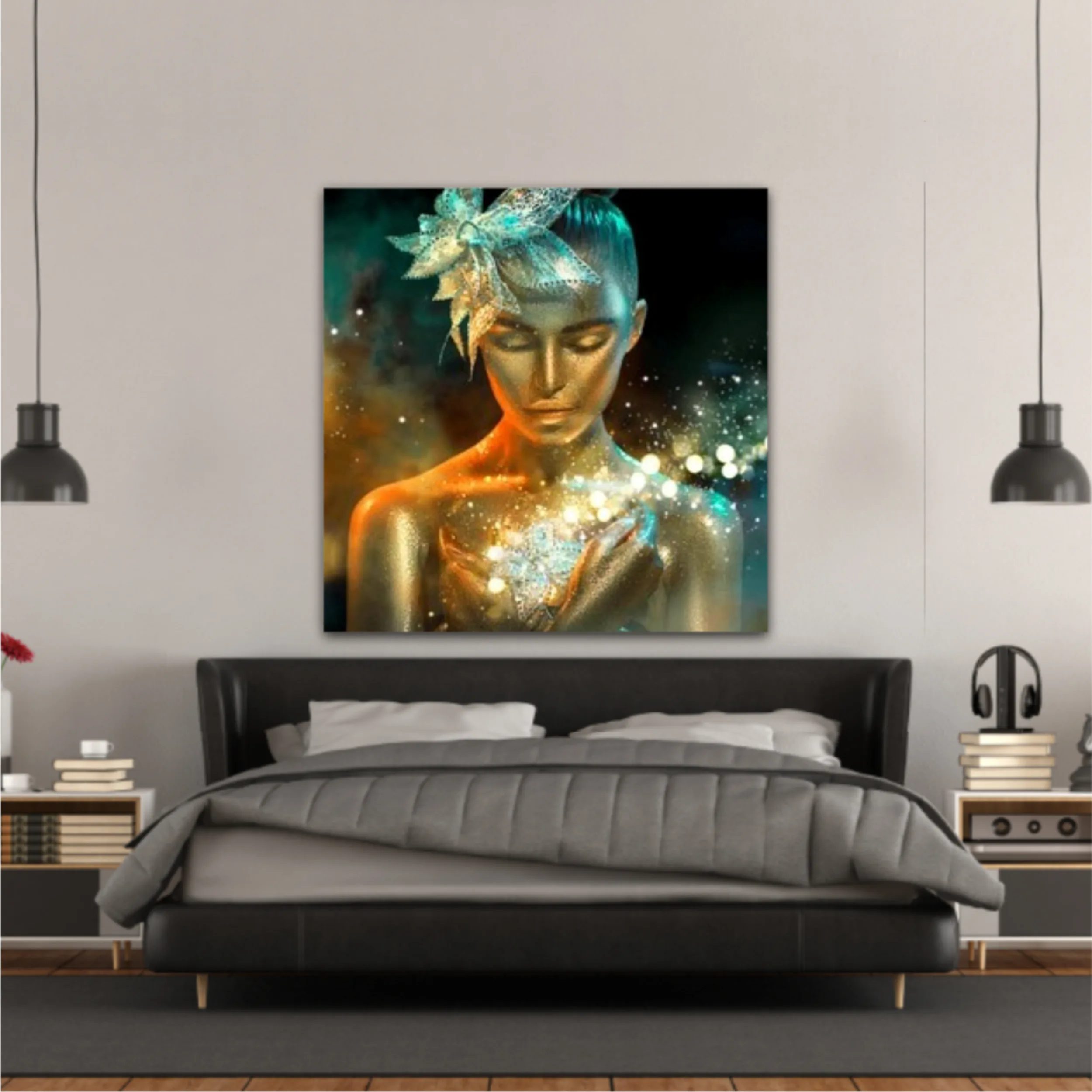 High Fashion model woman in colorful bright golden sparkles and neon lights posing with fantasy flower, portrait of beautiful girl glowing make-up