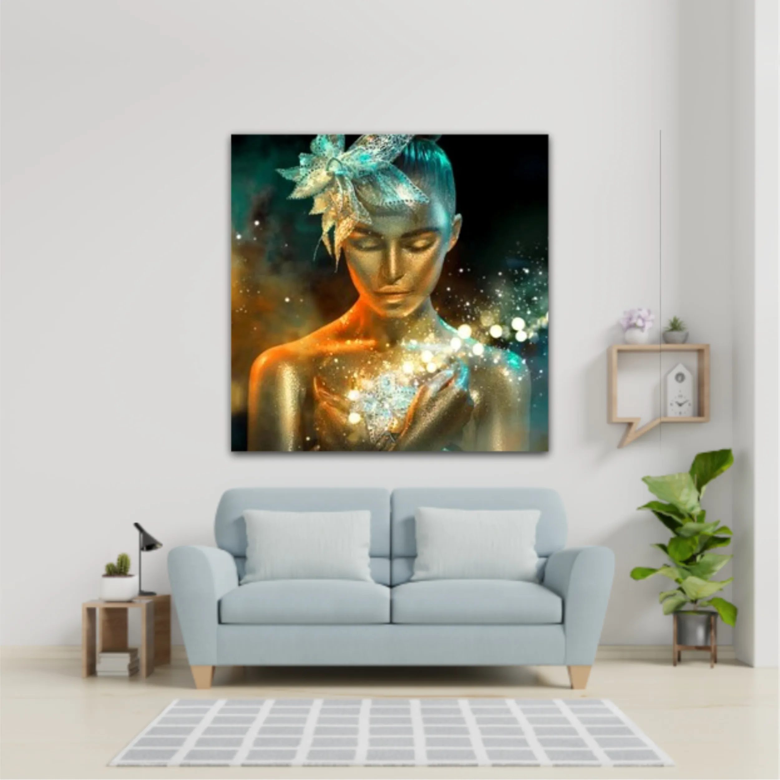 High Fashion model woman in colorful bright golden sparkles and neon lights posing with fantasy flower, portrait of beautiful girl glowing make-up