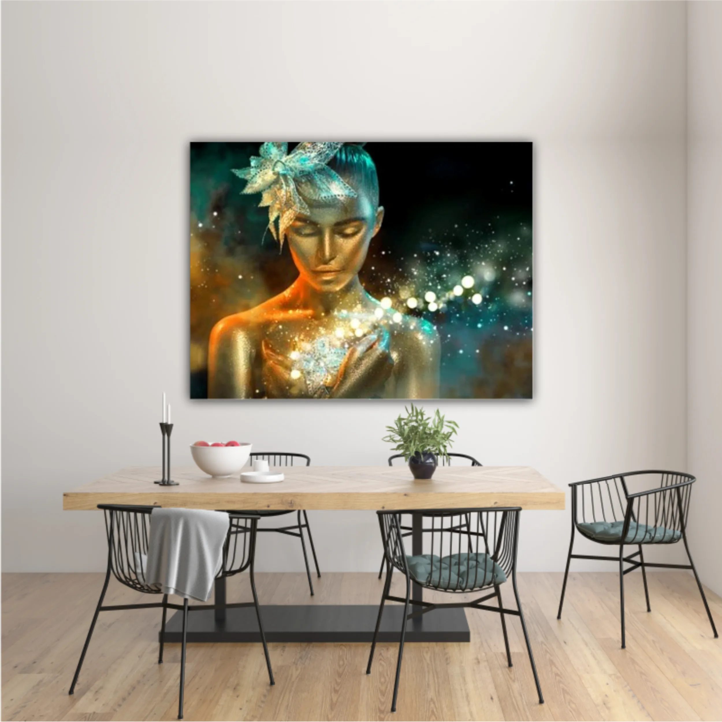 High Fashion model woman in colorful bright golden sparkles and neon lights posing with fantasy flower, portrait of beautiful girl glowing make-up