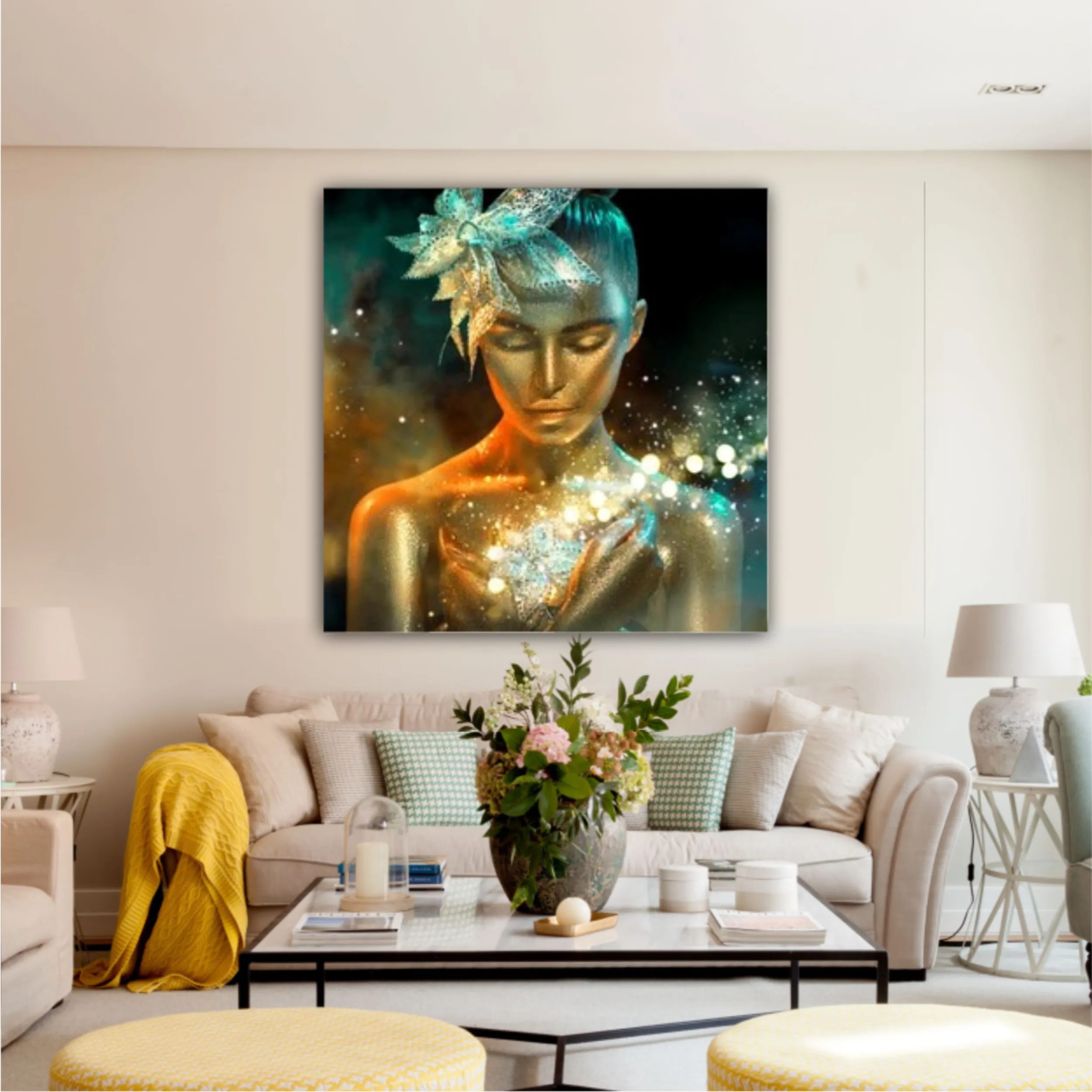 High Fashion model woman in colorful bright golden sparkles and neon lights posing with fantasy flower, portrait of beautiful girl glowing make-up