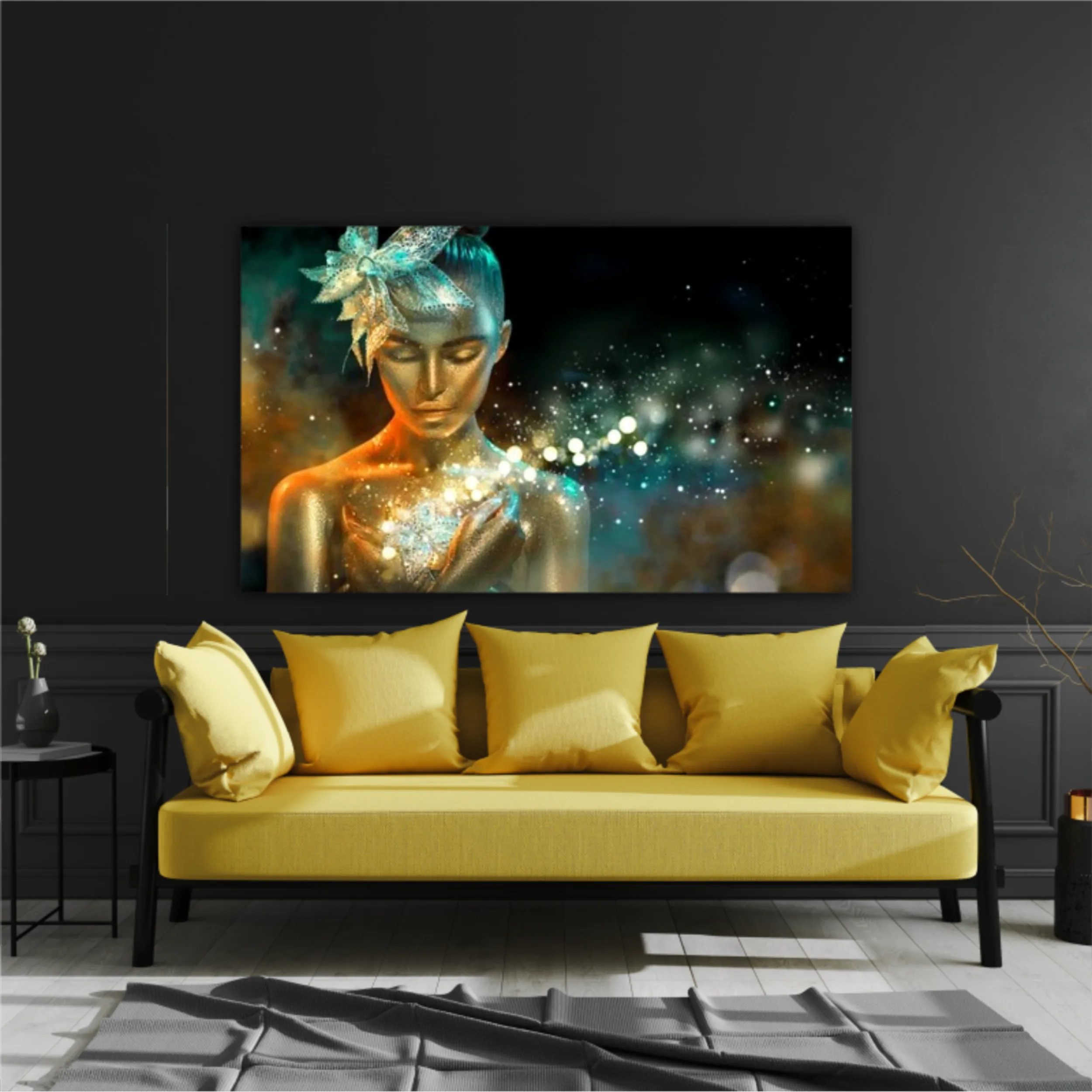 High Fashion model woman in colorful bright golden sparkles and neon lights posing with fantasy flower, portrait of beautiful girl glowing make-up