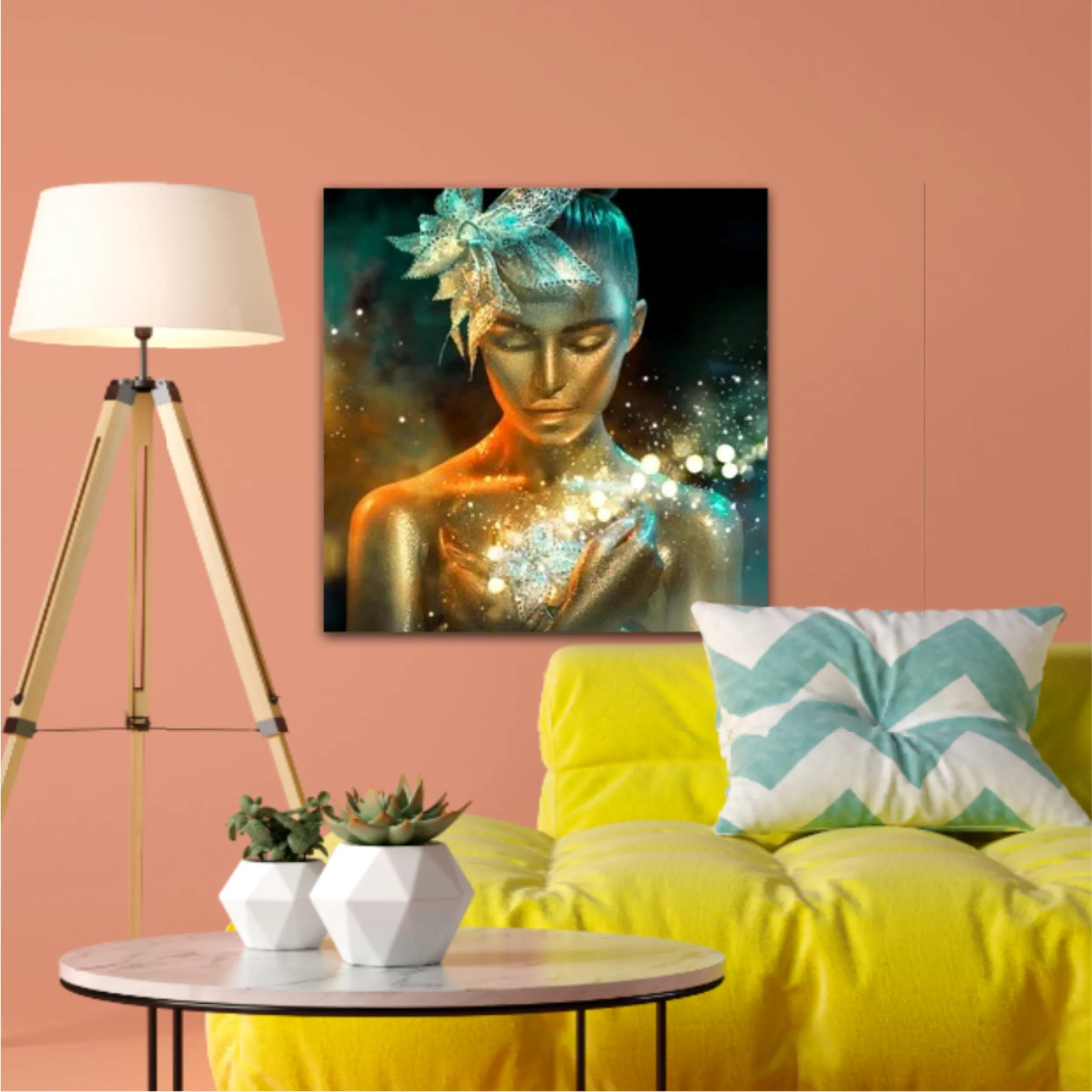 High Fashion model woman in colorful bright golden sparkles and neon lights posing with fantasy flower, portrait of beautiful girl glowing make-up