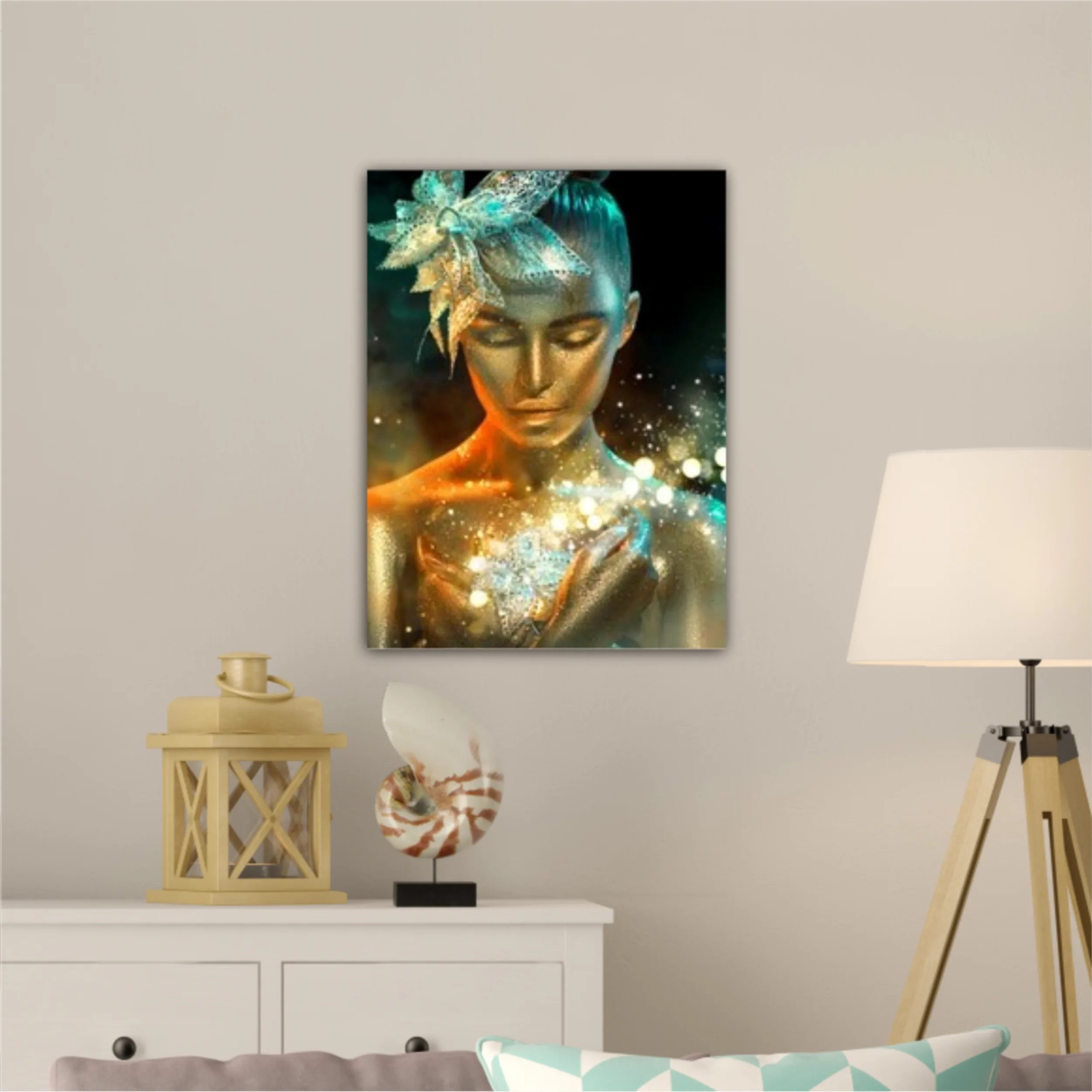 High Fashion model woman in colorful bright golden sparkles and neon lights posing with fantasy flower, portrait of beautiful girl glowing make-up