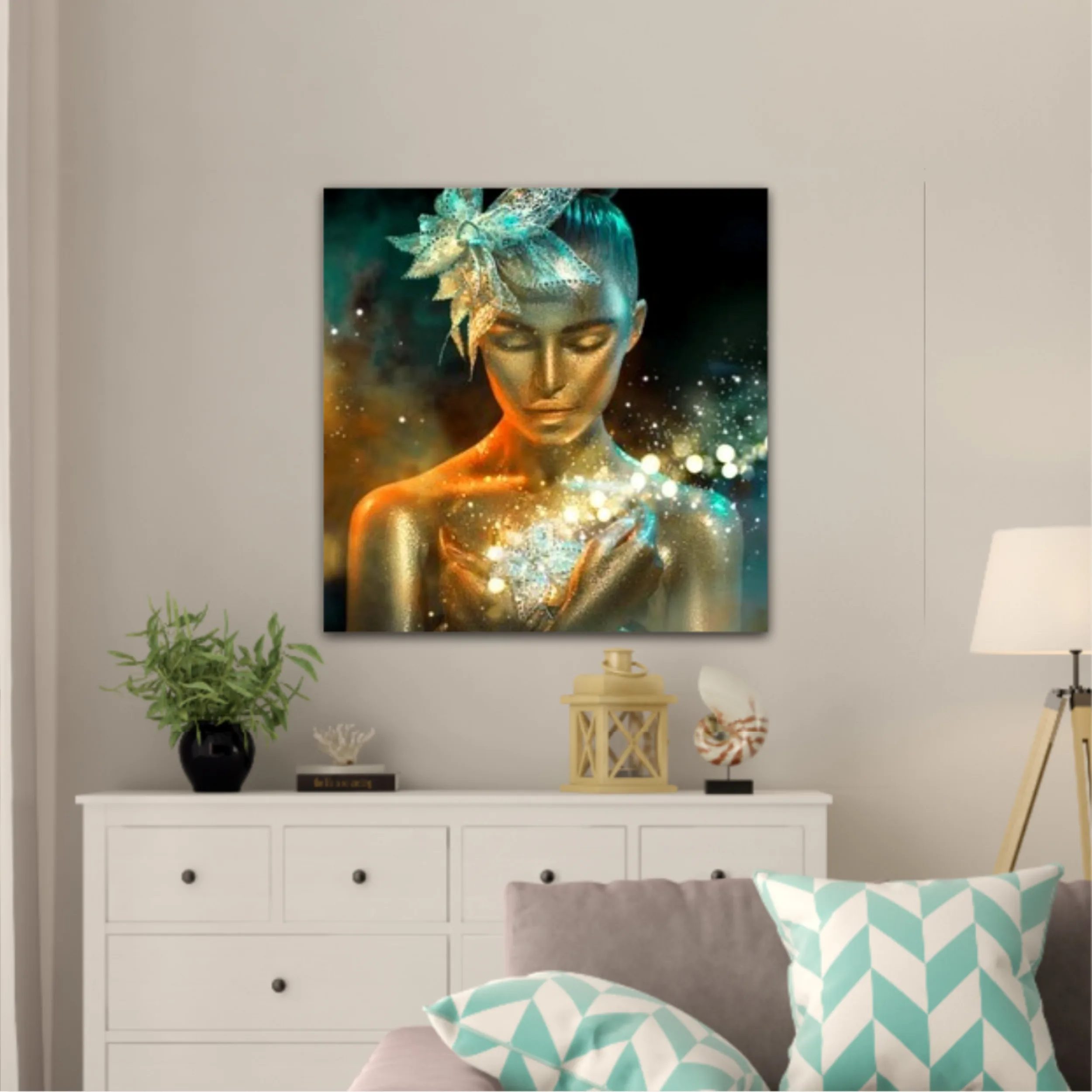 High Fashion model woman in colorful bright golden sparkles and neon lights posing with fantasy flower, portrait of beautiful girl glowing make-up