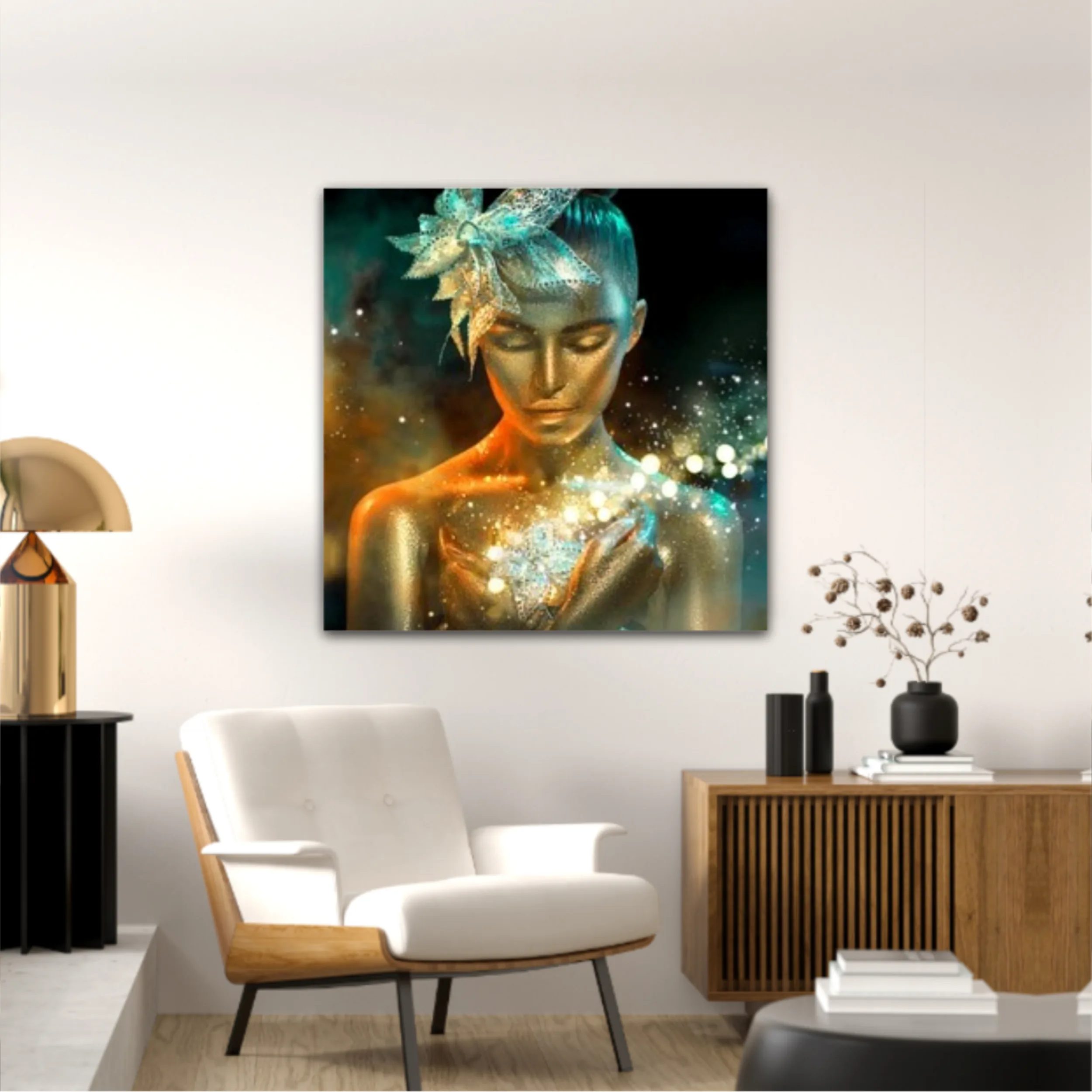 High Fashion model woman in colorful bright golden sparkles and neon lights posing with fantasy flower, portrait of beautiful girl glowing make-up