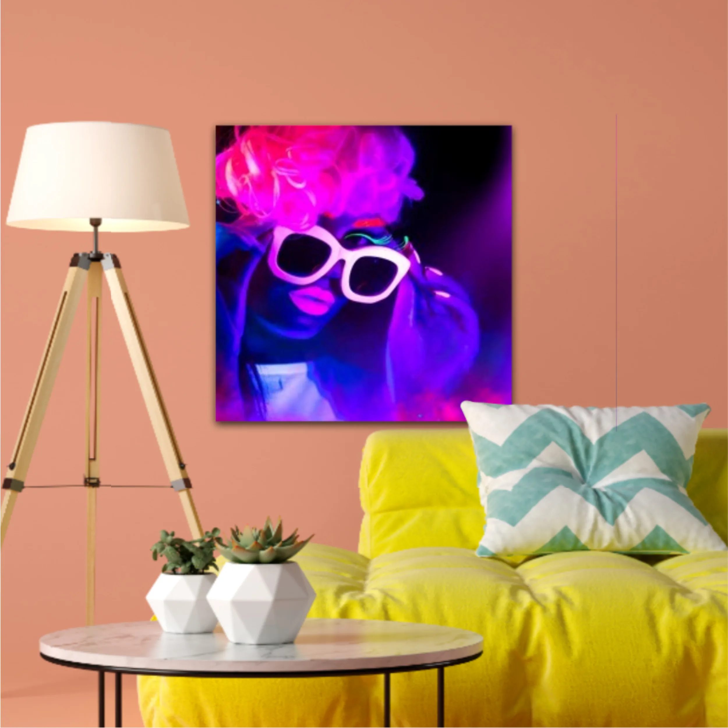 Portrait of beautiful girl with fluorescent make-up, Body Art design in UV, painted face, sunglasses, colorful make up