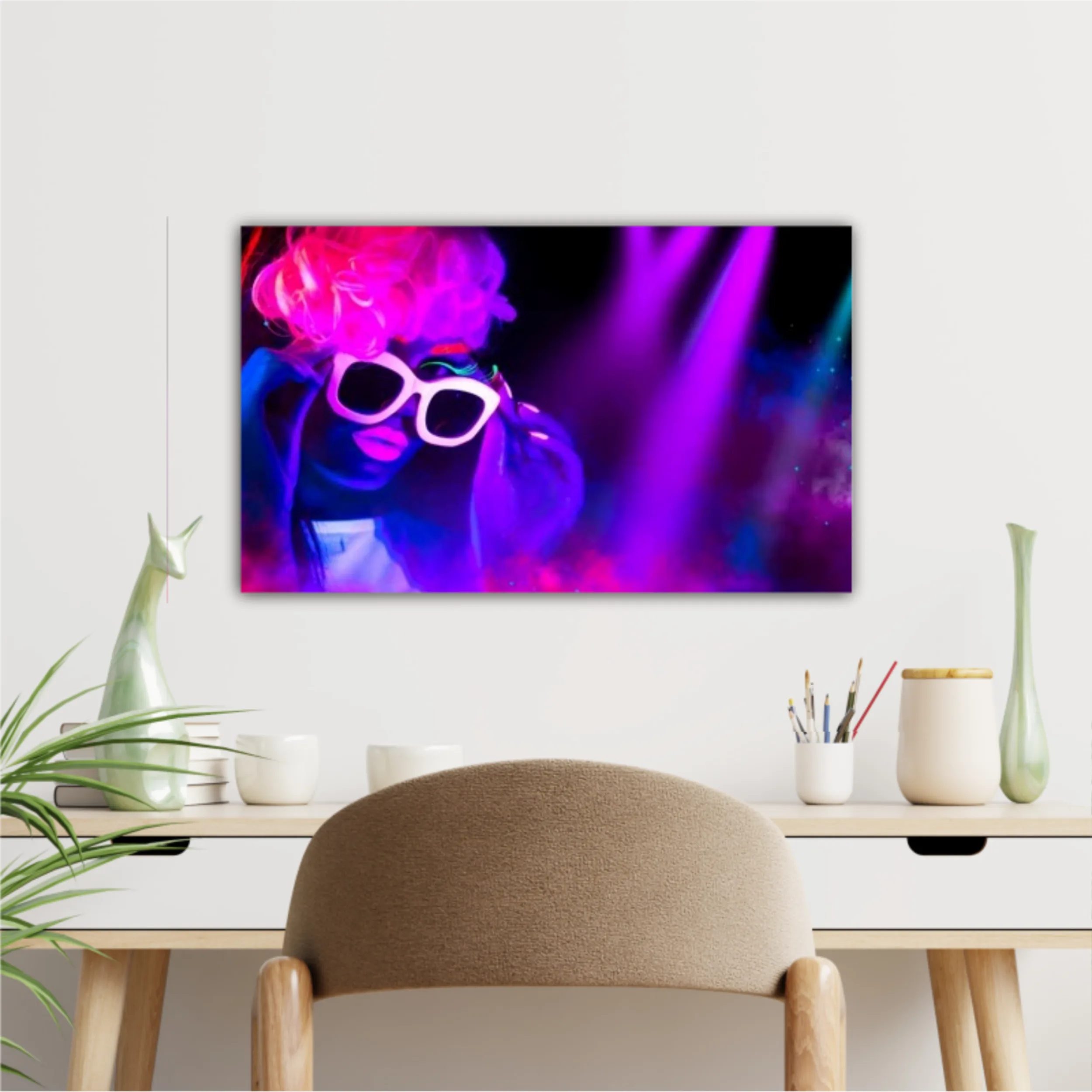 Portrait of beautiful girl with fluorescent make-up, Body Art design in UV, painted face, sunglasses, colorful make up