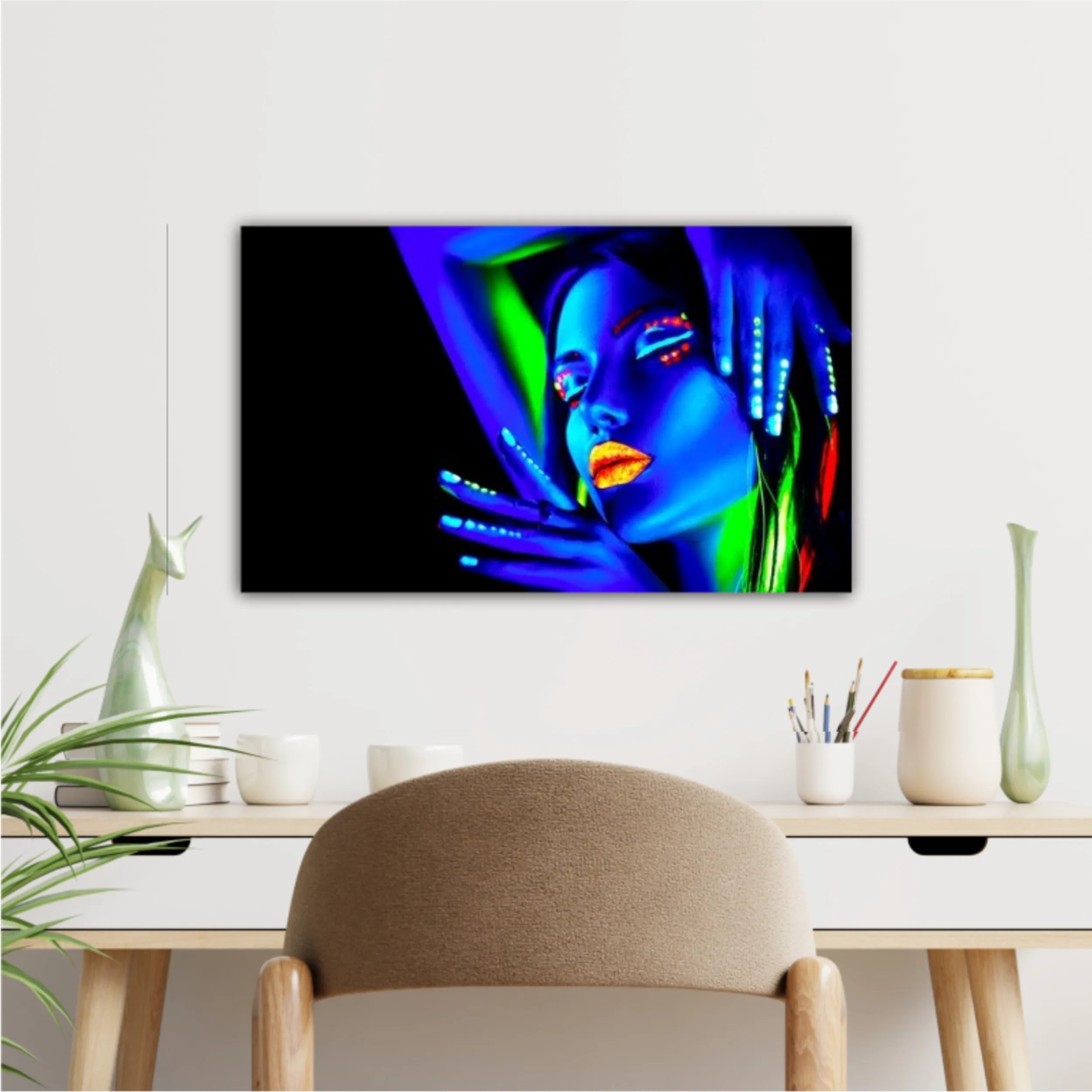 Portrait of beautiful model girl with fluorescent make-up, Body Art design in UV, painted face, colorful make up, over black background