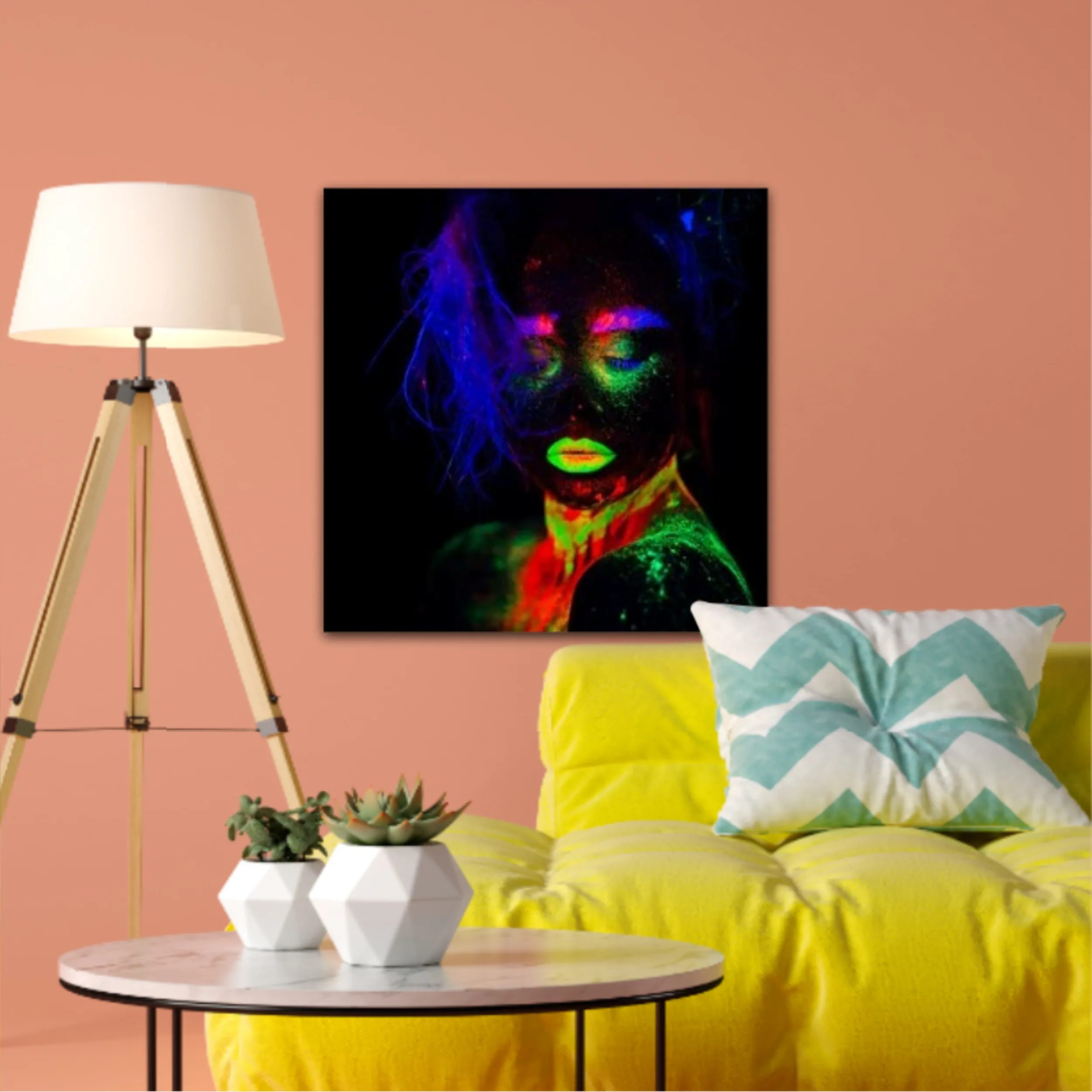 It is portrait of beautiful model with fluorescent make-up, Art design of female posing in UV with colorful make up