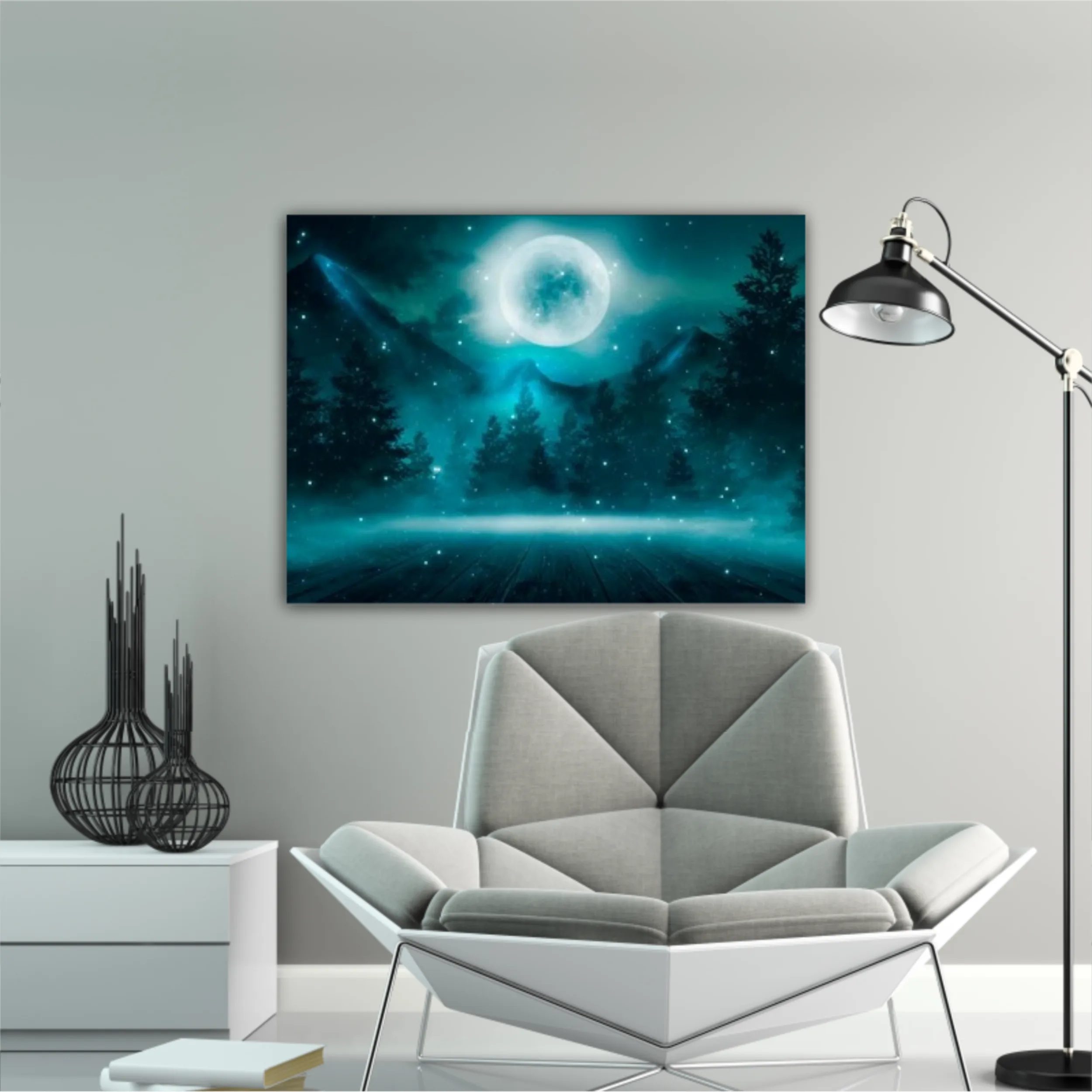 Dark night background in the forest with moonlight. Night view, magic