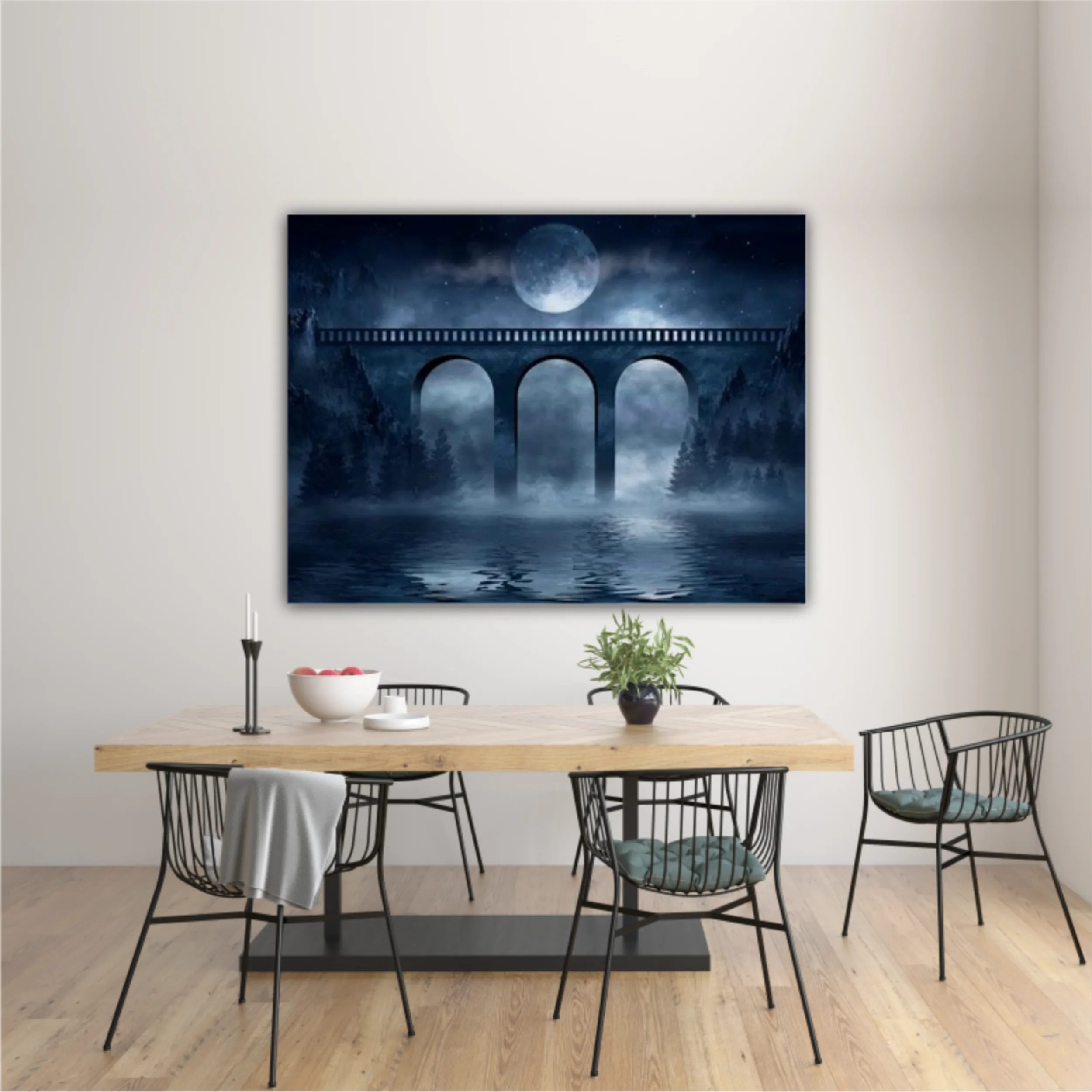 Old concrete bridge, moonlight. Dark natural scene with reflection of light in the water. Dark, dramatic forest. 3D