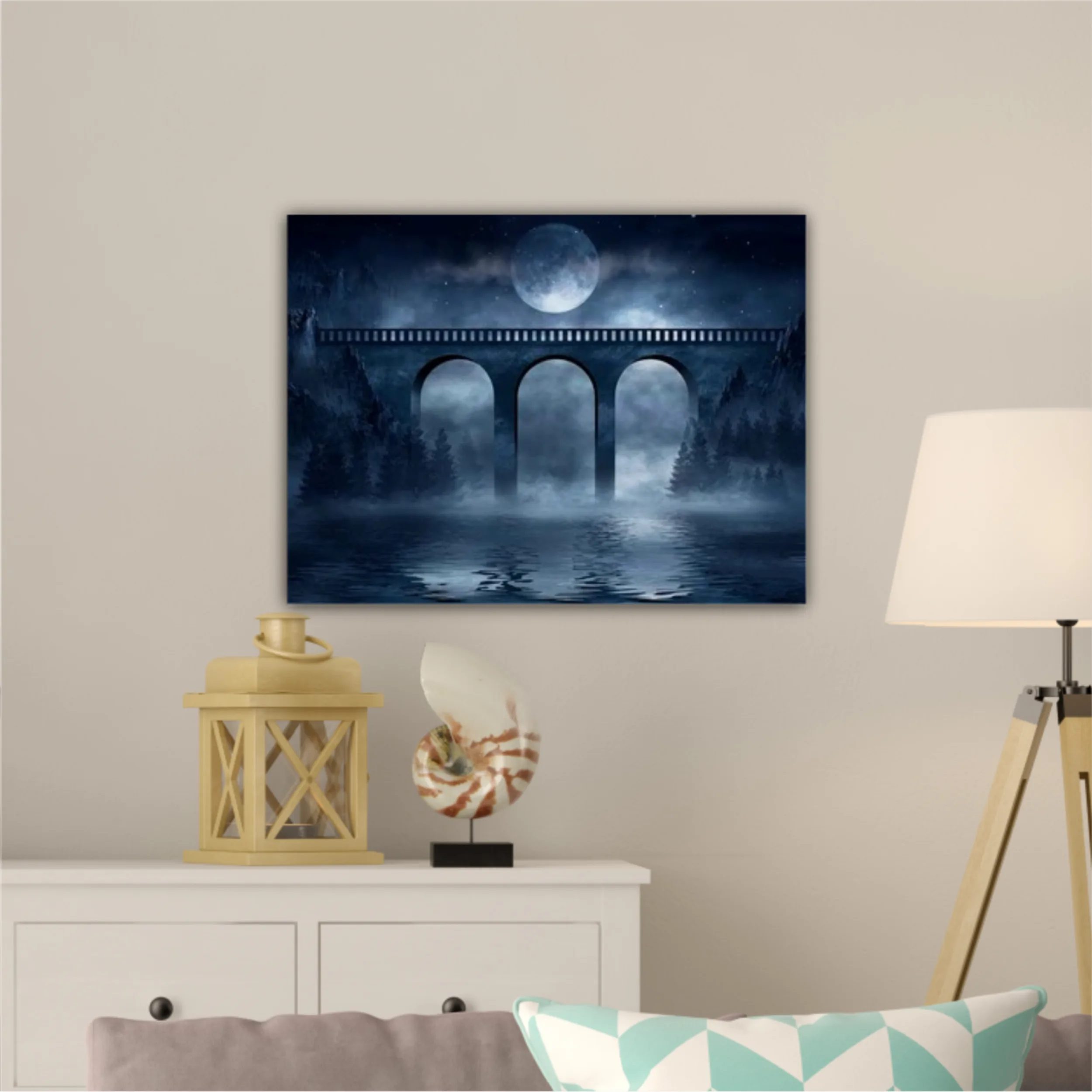 Old concrete bridge, moonlight. Dark natural scene with reflection of light in the water. Dark, dramatic forest. 3D