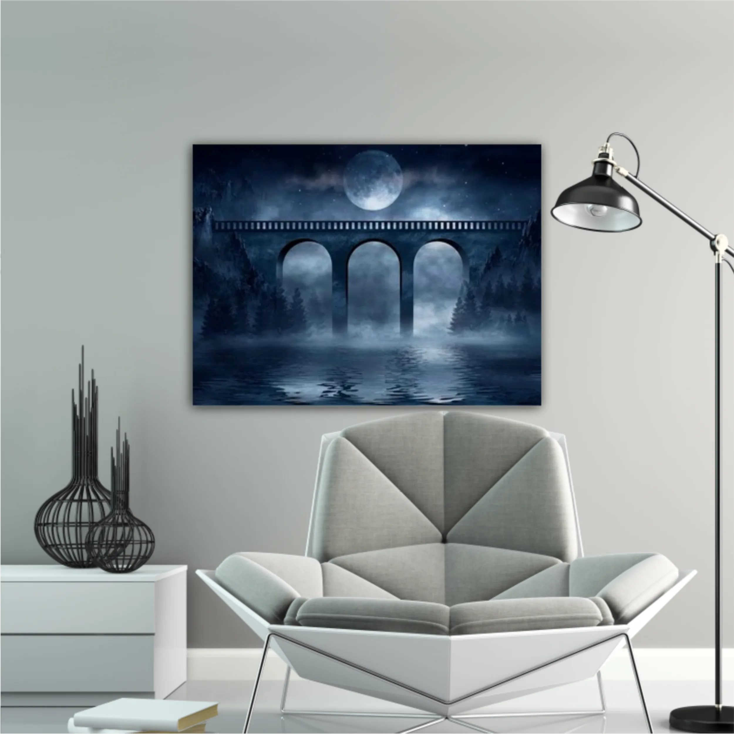 Old concrete bridge, moonlight. Dark natural scene with reflection of light in the water. Dark, dramatic forest. 3D