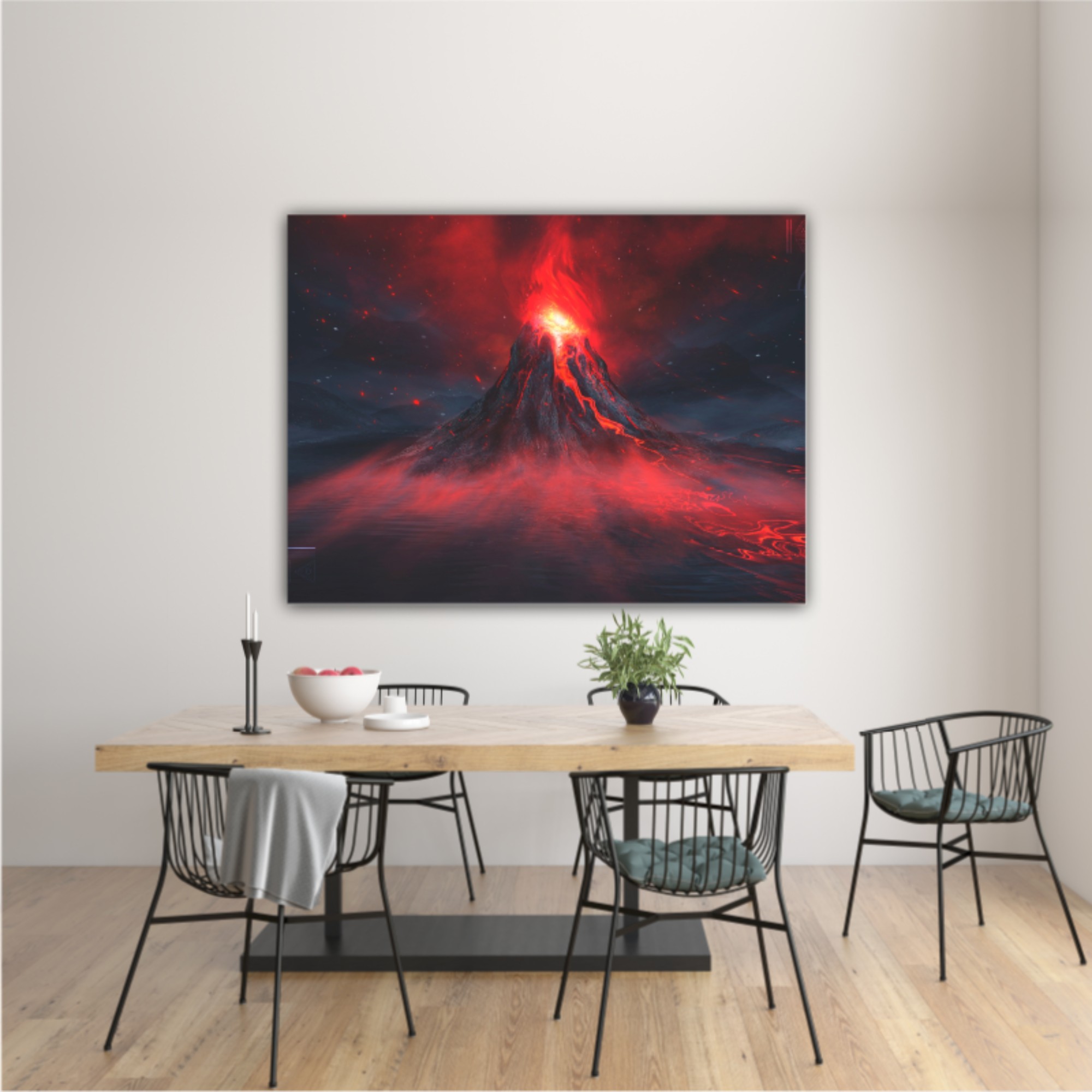 Explosive volcano with burning lava, neon light. Dark Futuristic natural scene with reflection of light in the water. 3D