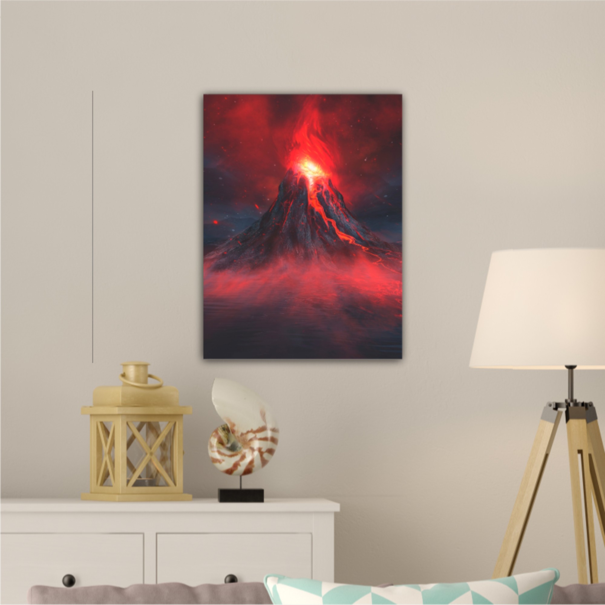 Explosive volcano with burning lava, neon light. Dark Futuristic natural scene with reflection of light in the water. 3D