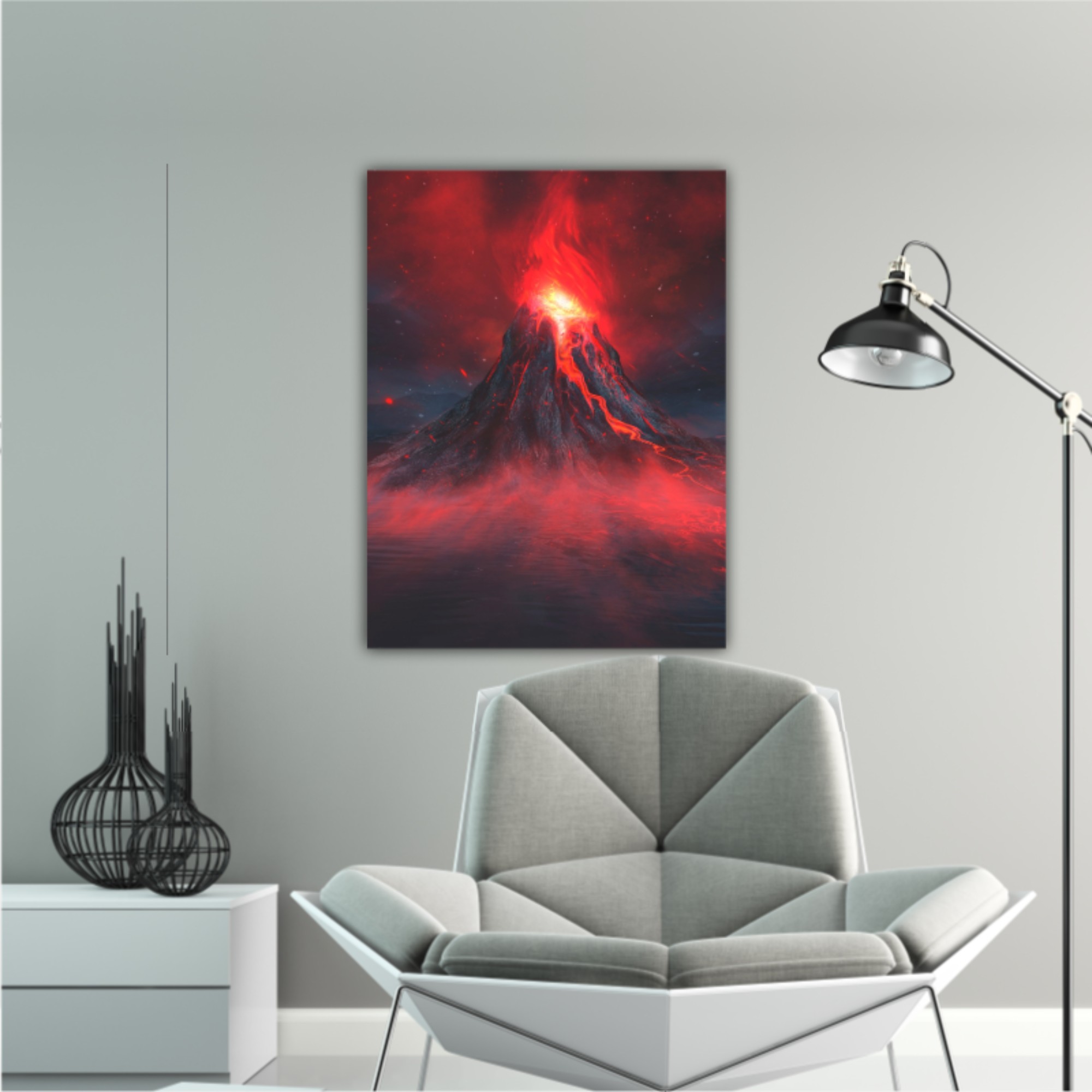 Explosive volcano with burning lava, neon light. Dark Futuristic natural scene with reflection of light in the water. 3D