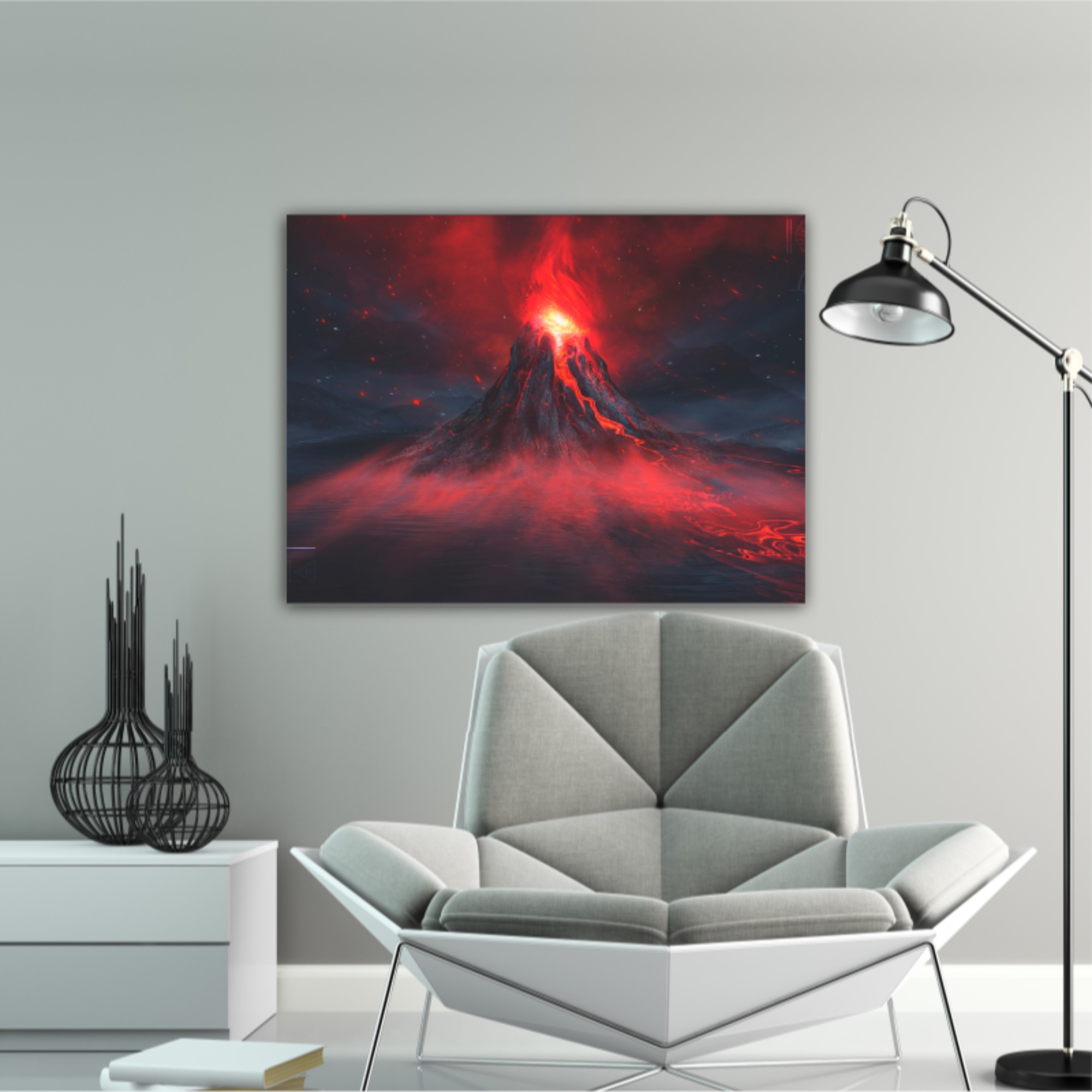 Explosive volcano with burning lava, neon light. Dark Futuristic natural scene with reflection of light in the water. 3D