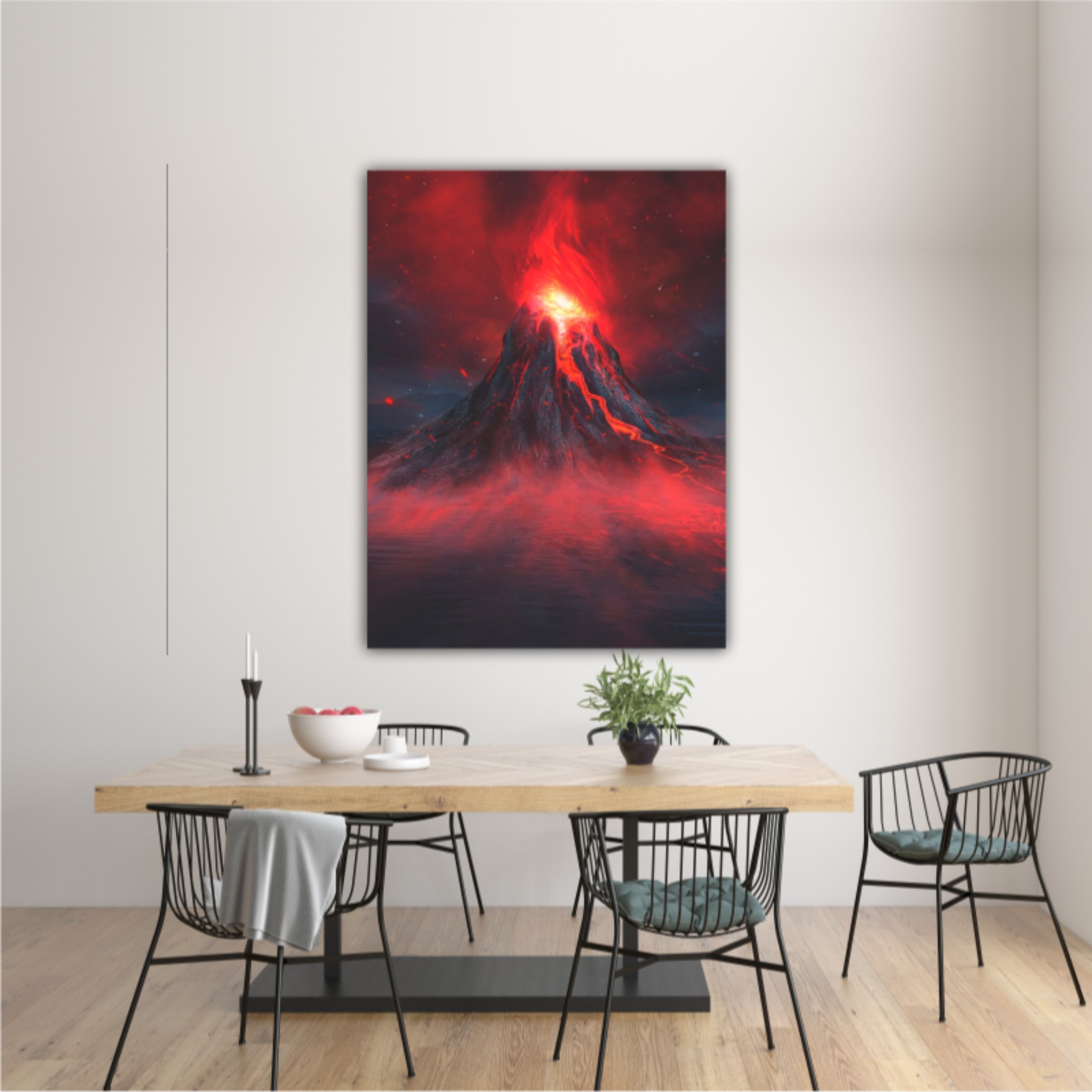 Explosive volcano with burning lava, neon light. Dark Futuristic natural scene with reflection of light in the water. 3D