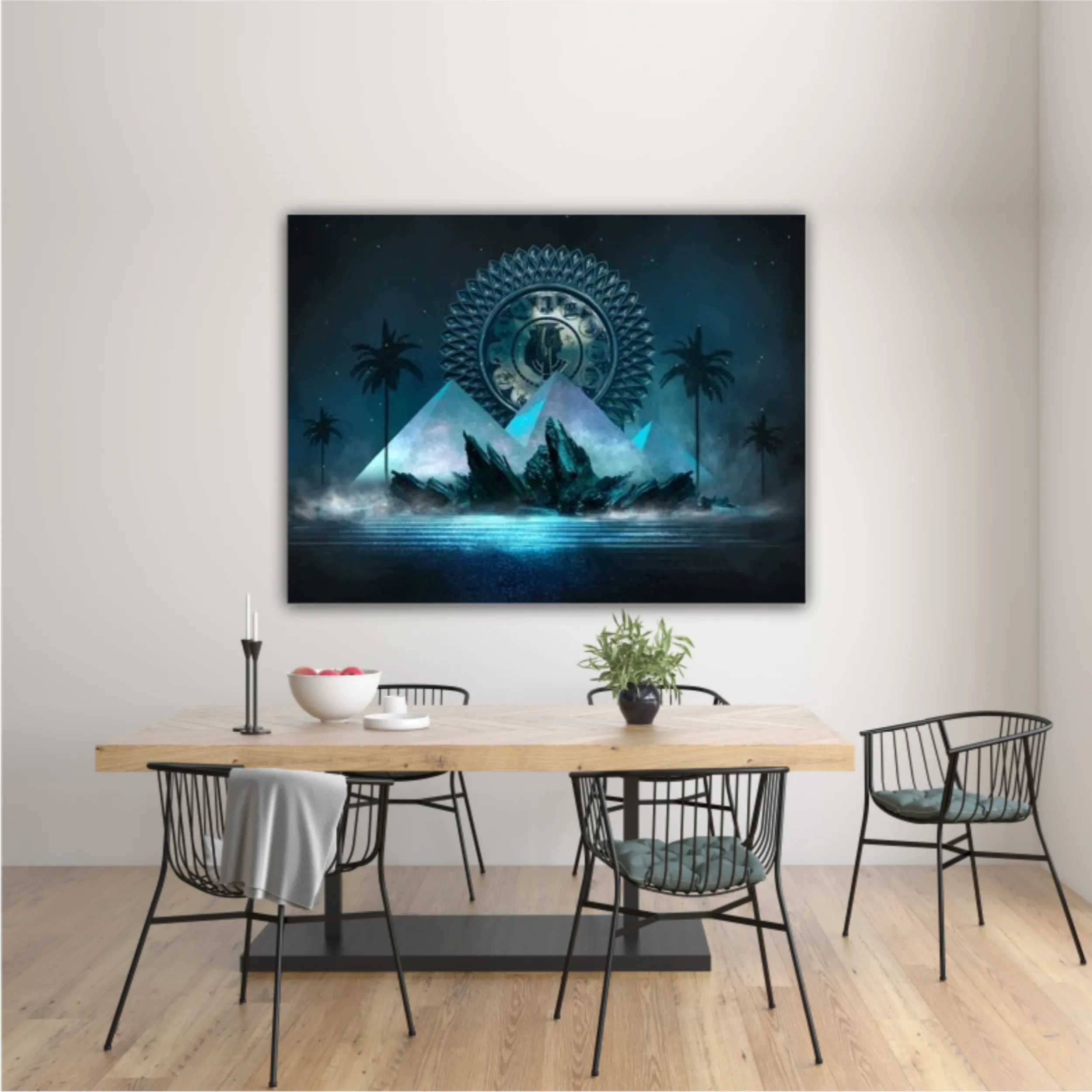 Pyramids by the river, reflected in sea water. Tidewater Green color. 3d