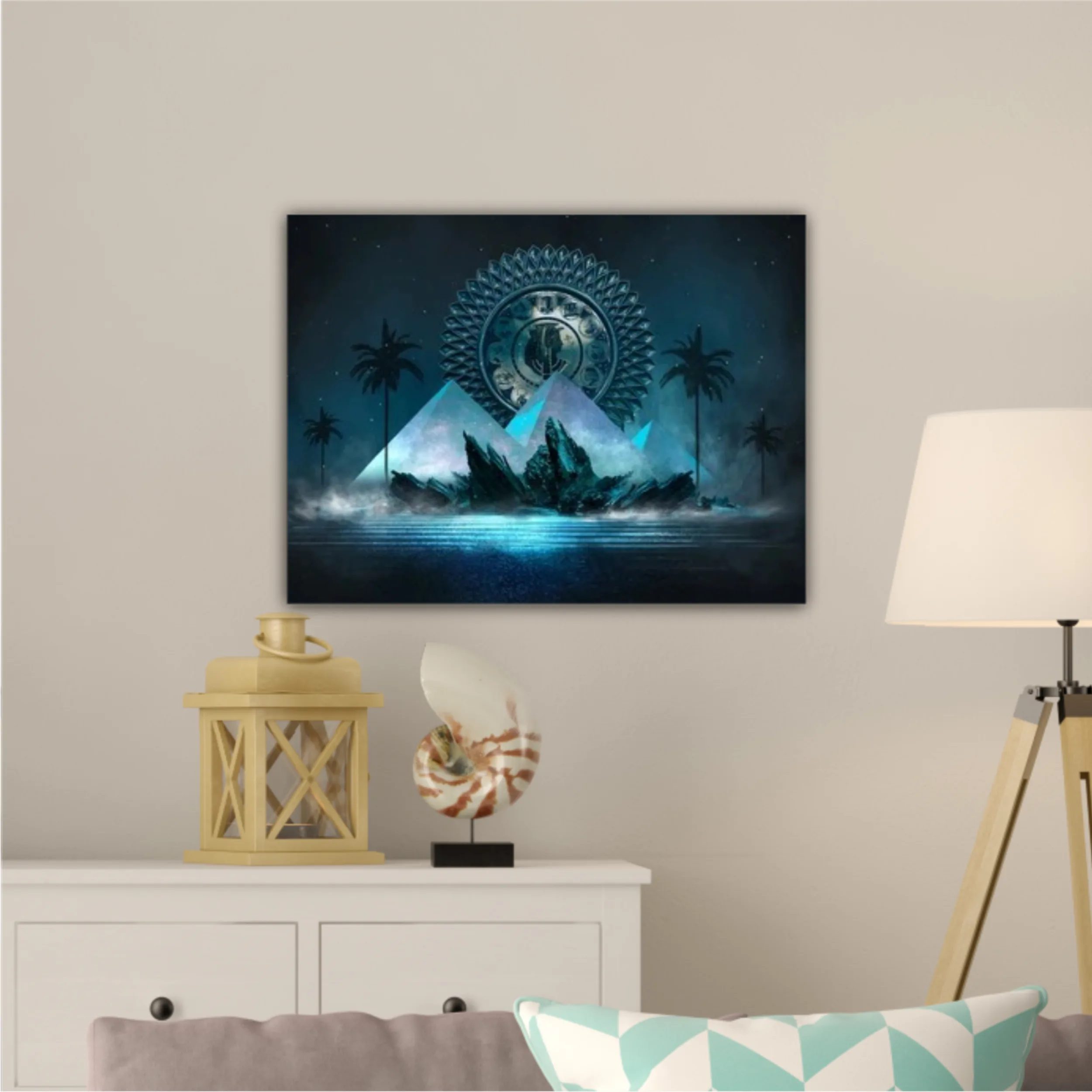 Pyramids by the river, reflected in sea water. Tidewater Green color. 3d