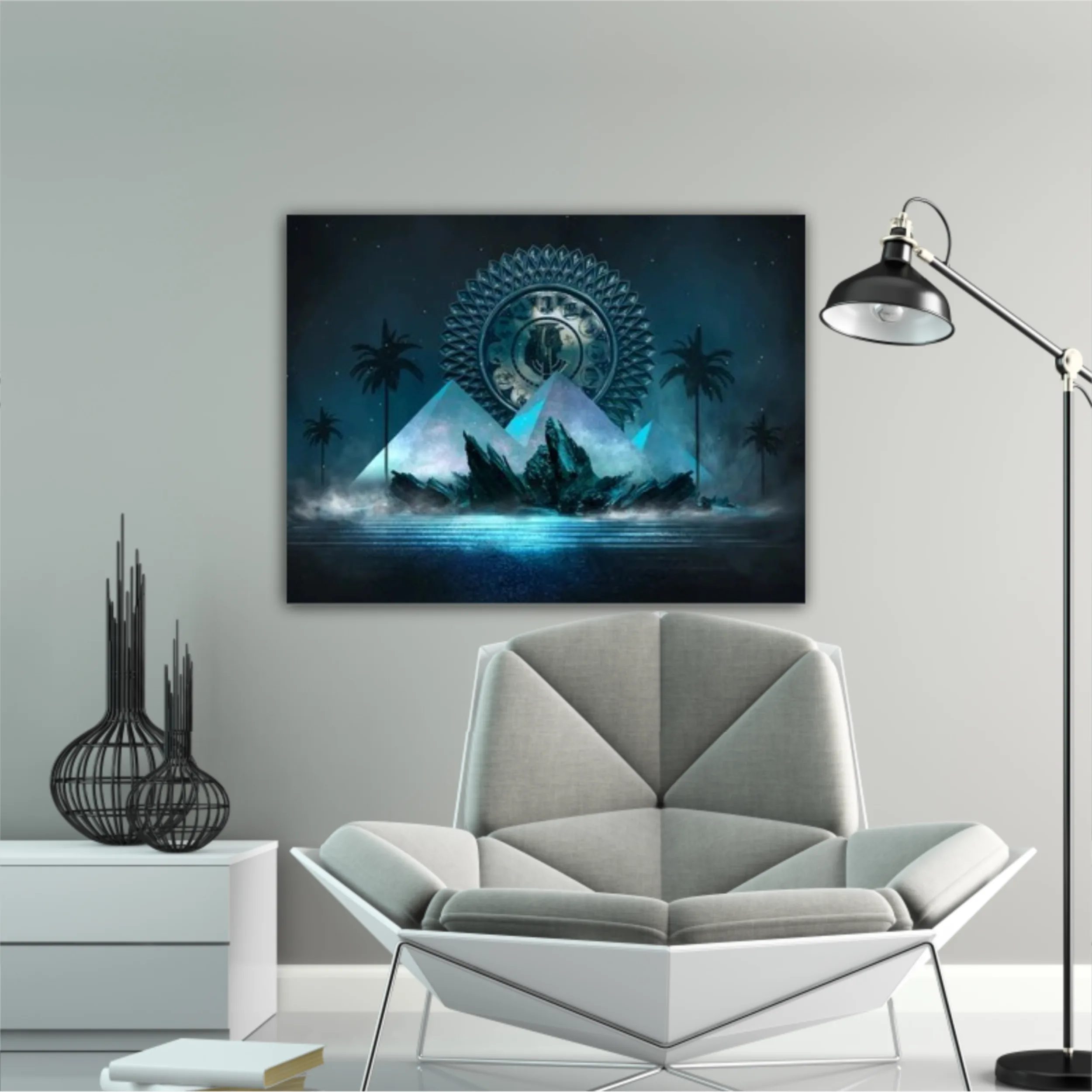 Pyramids by the river, reflected in sea water. Tidewater Green color. 3d