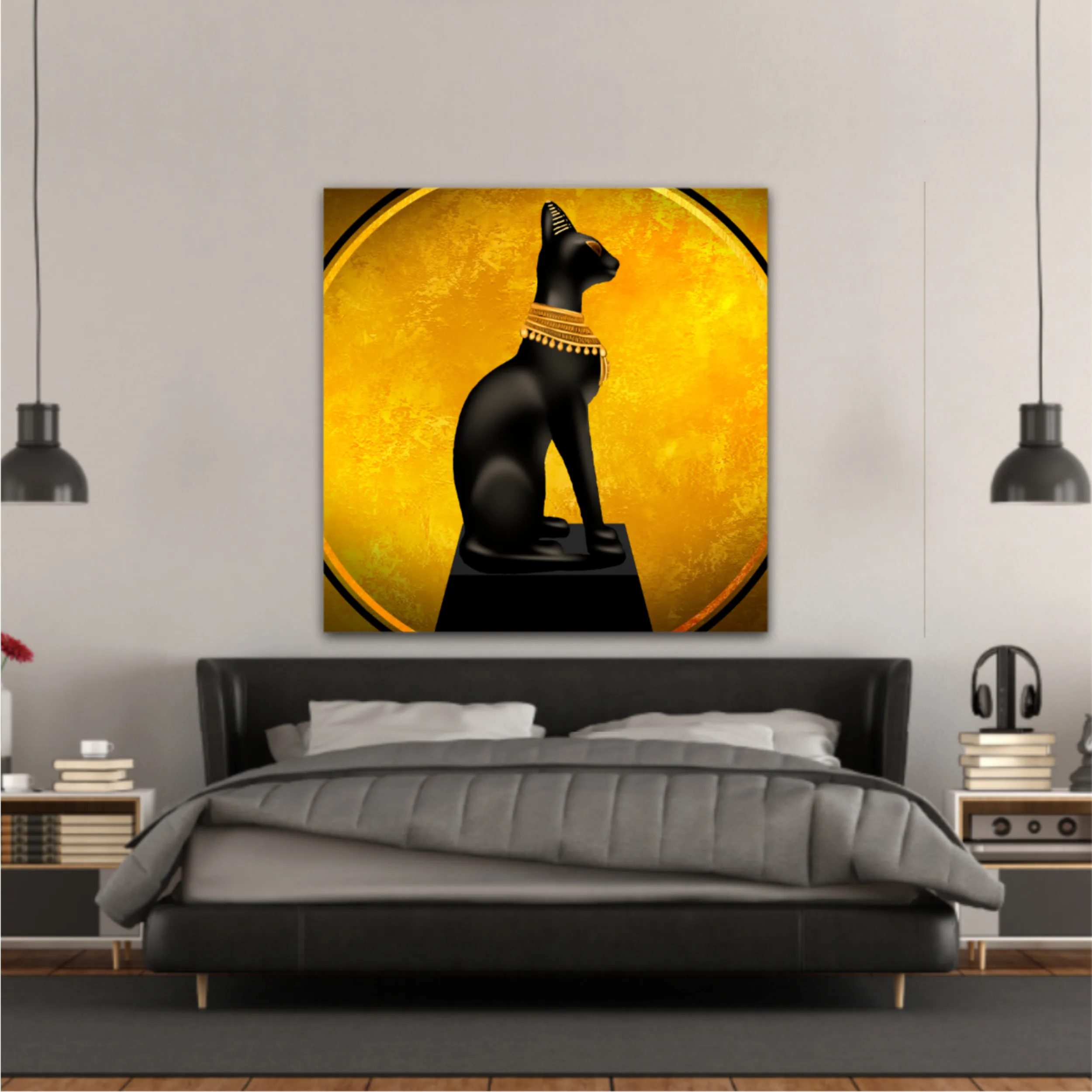 Egyptian asbstract background, goddess of Egypt Bastet, abstract golden background